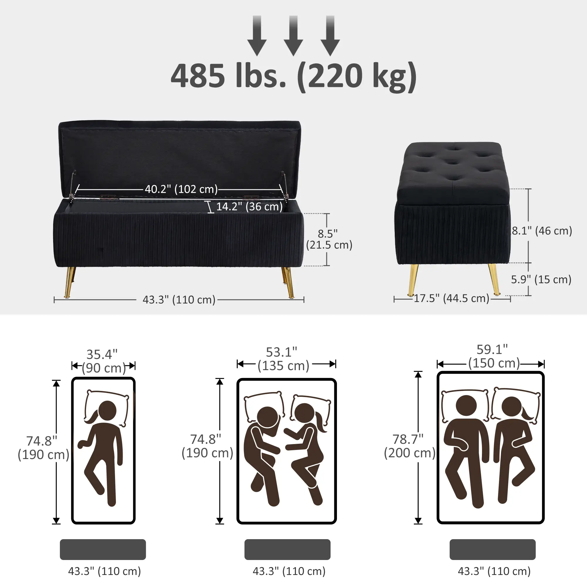 43 Inch Storage Ottoman Bench, Steel Legs, Padded Seat, Black - Image 3
