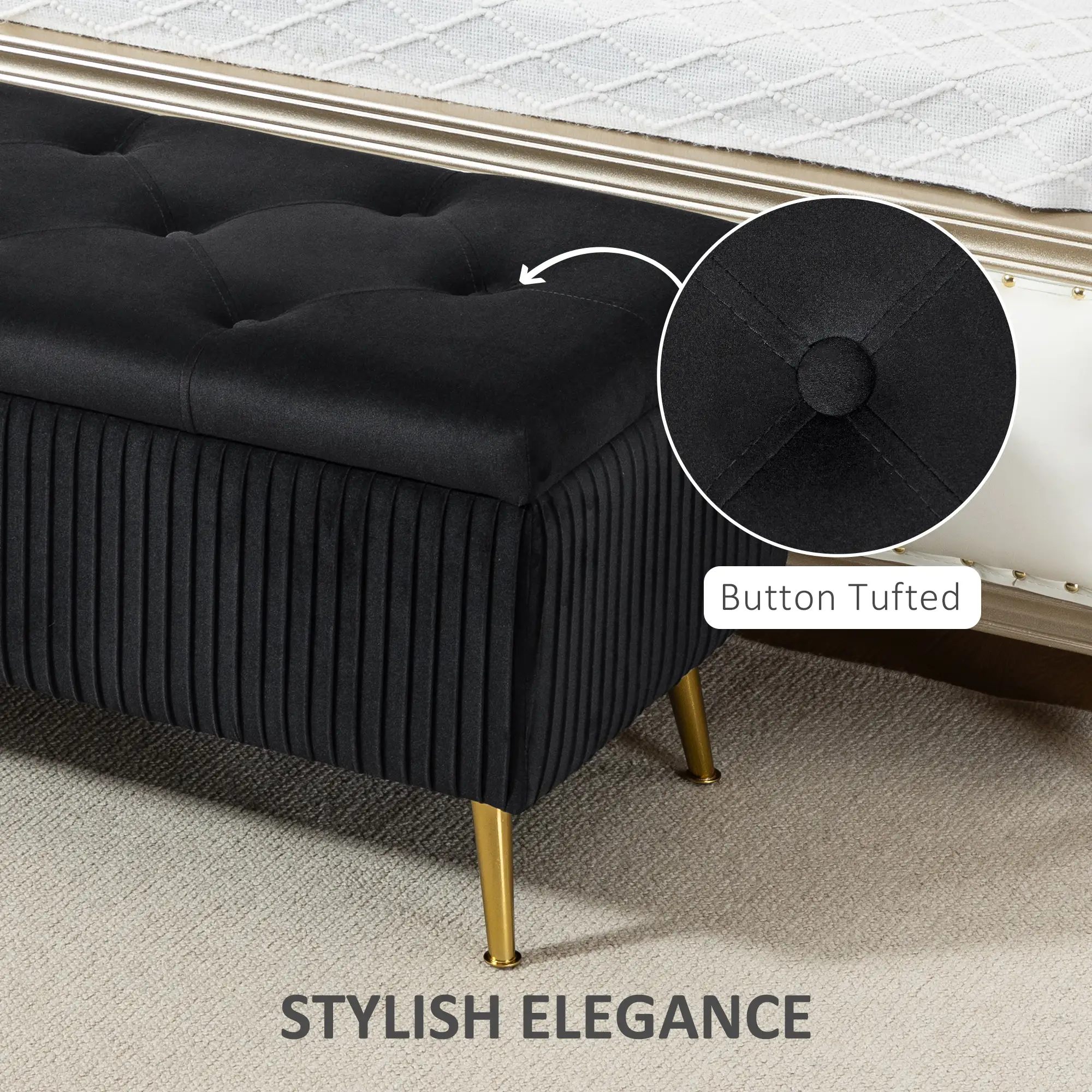 43 Inch Storage Ottoman Bench, Steel Legs, Padded Seat, Black - Image 4