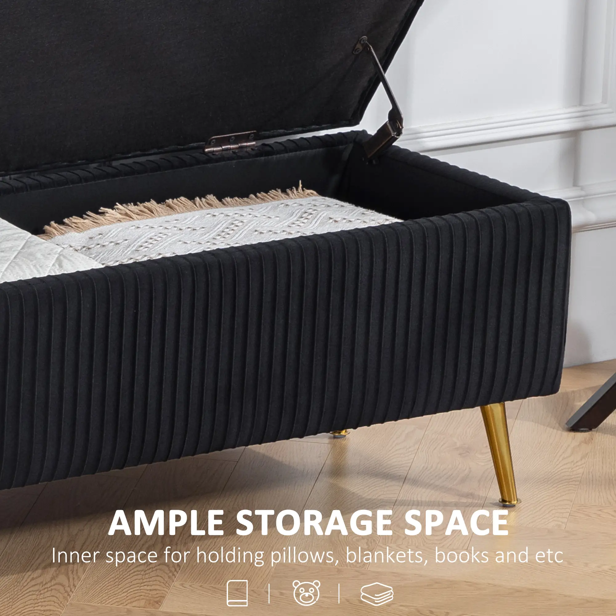 43 Inch Storage Ottoman Bench, Steel Legs, Padded Seat, Black - Image 5