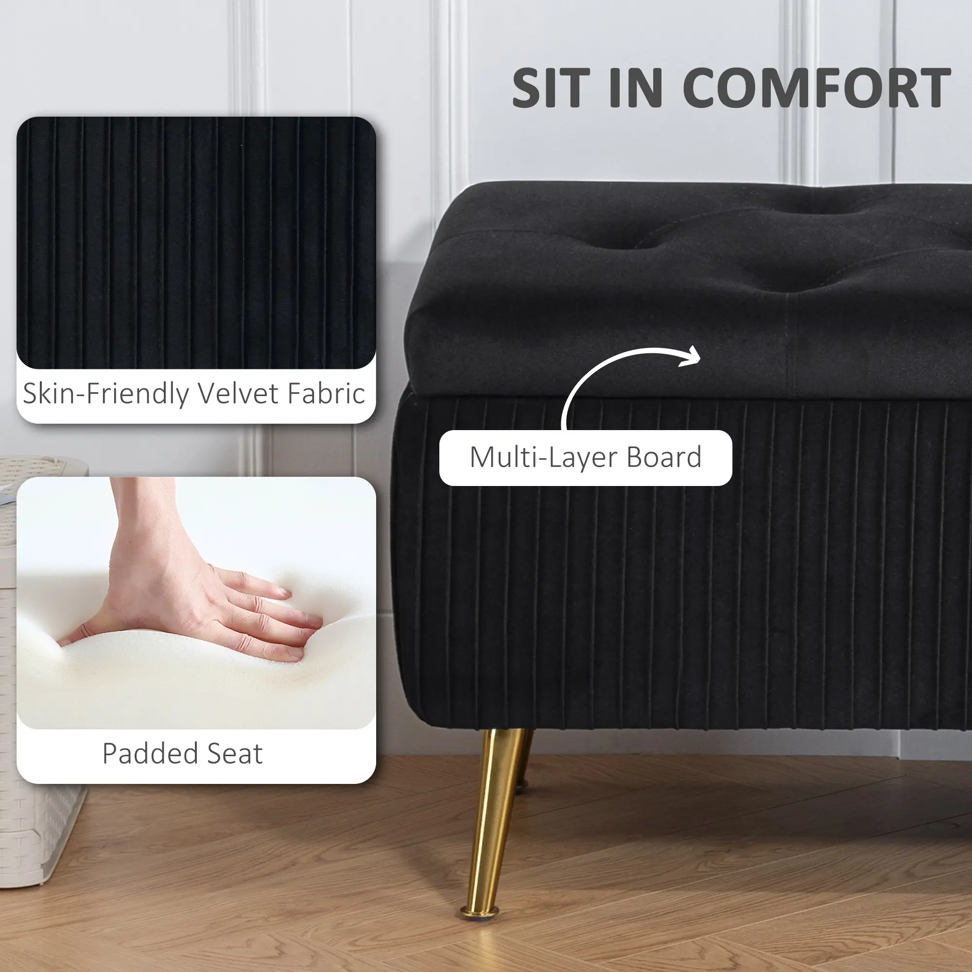 43 Inch Storage Ottoman Bench, Steel Legs, Padded Seat, Black - Image 6