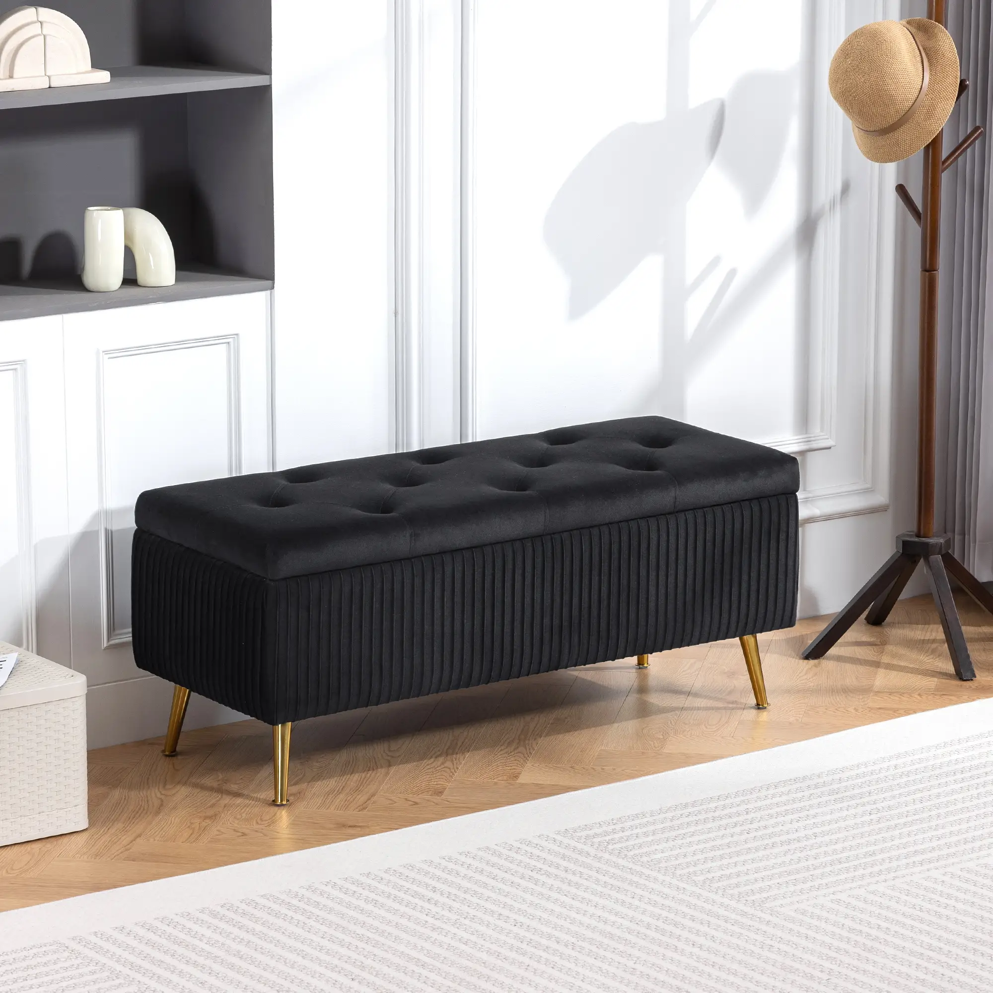 43 Inch Storage Ottoman Bench, Steel Legs, Padded Seat, Black - Image 8
