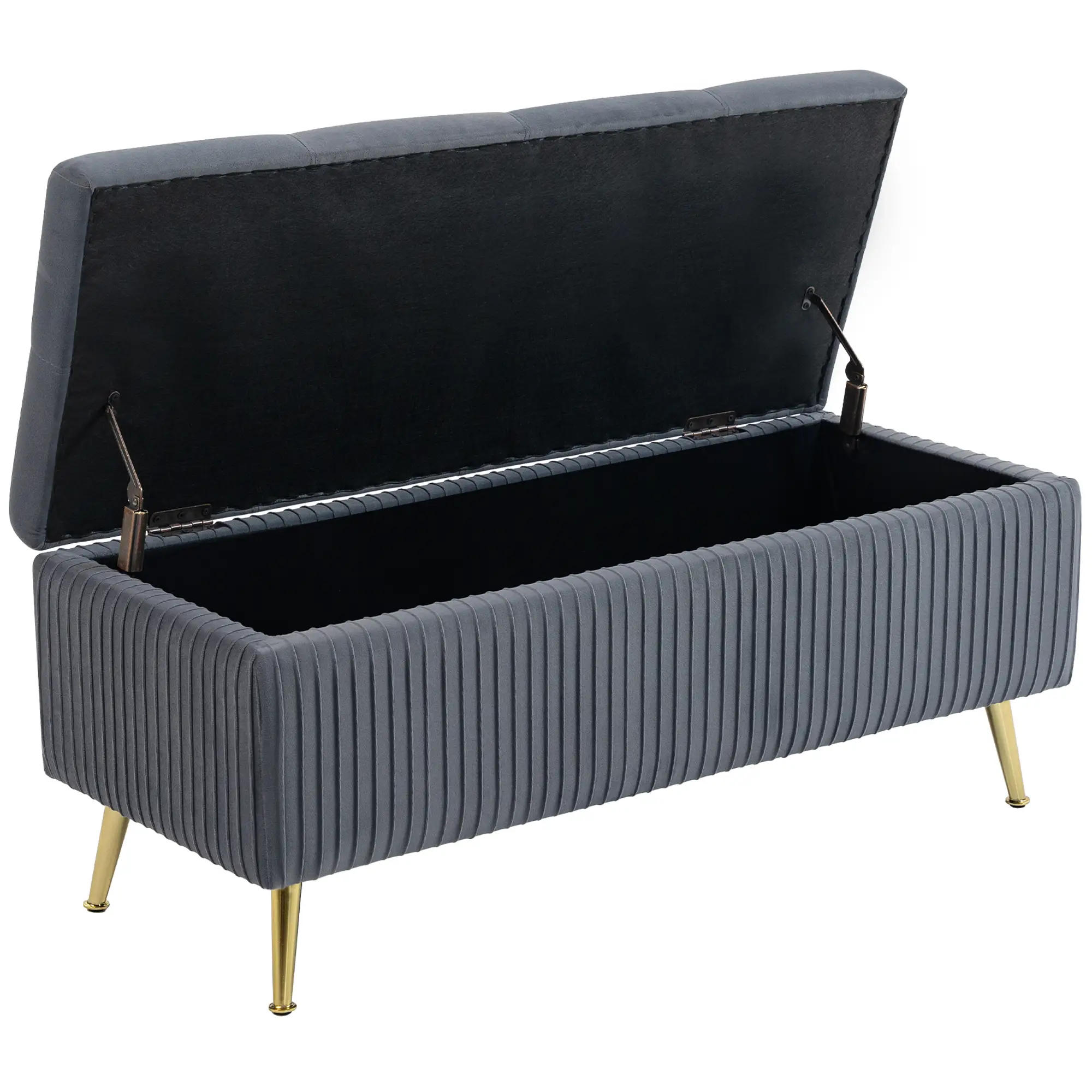 43 Inch Storage Ottoman Bench, Steel Legs, Padded Seat, Dark Grey