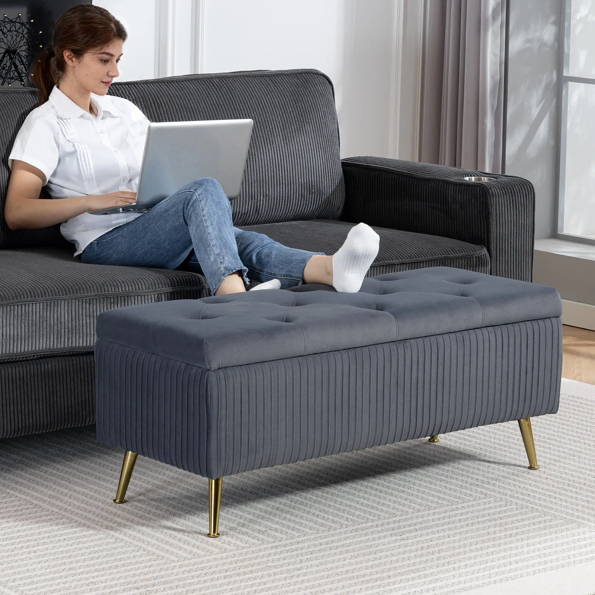 43 Inch Storage Ottoman Bench, Steel Legs, Padded Seat, Dark Grey - Image 10