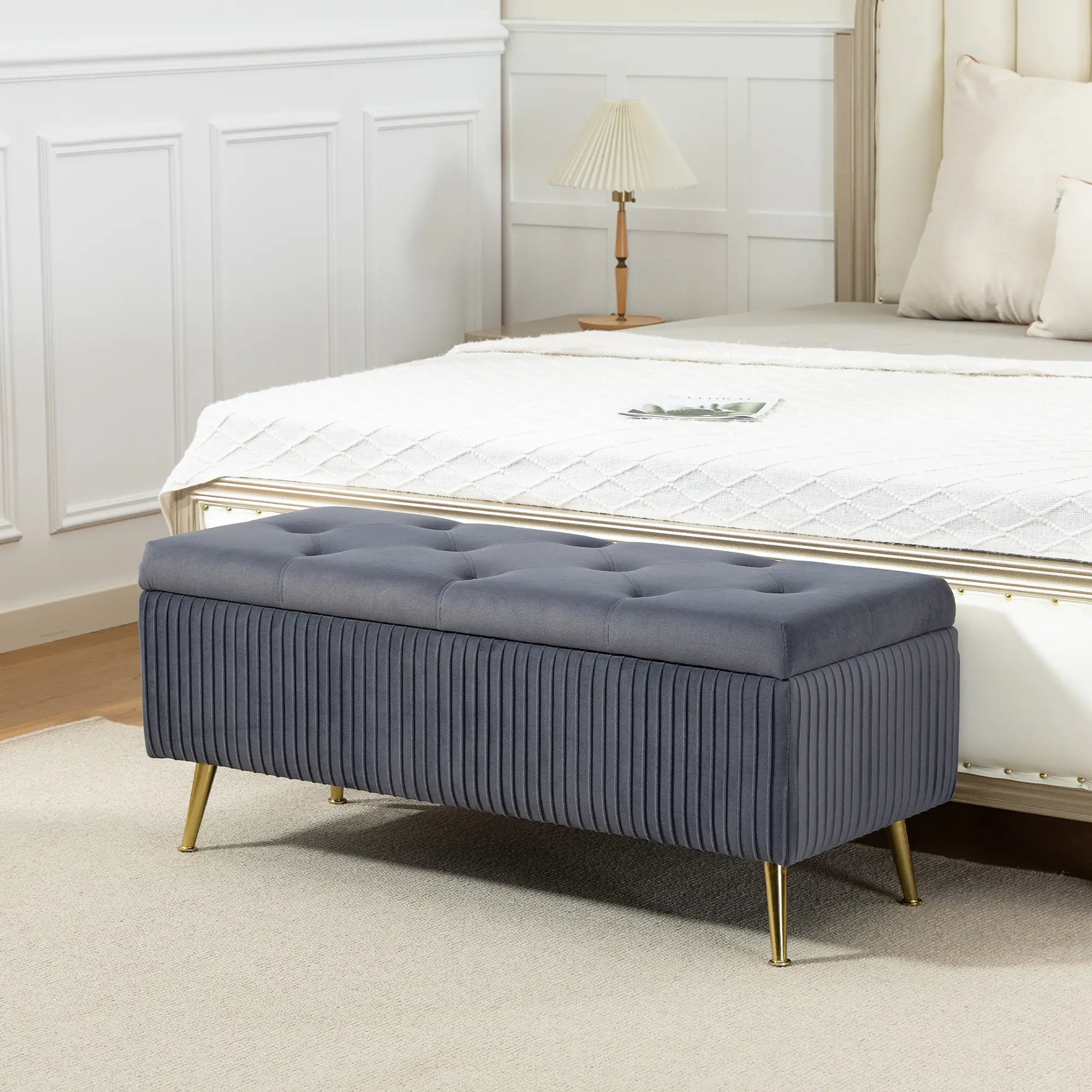 43 Inch Storage Ottoman Bench, Steel Legs, Padded Seat, Dark Grey - Image 2