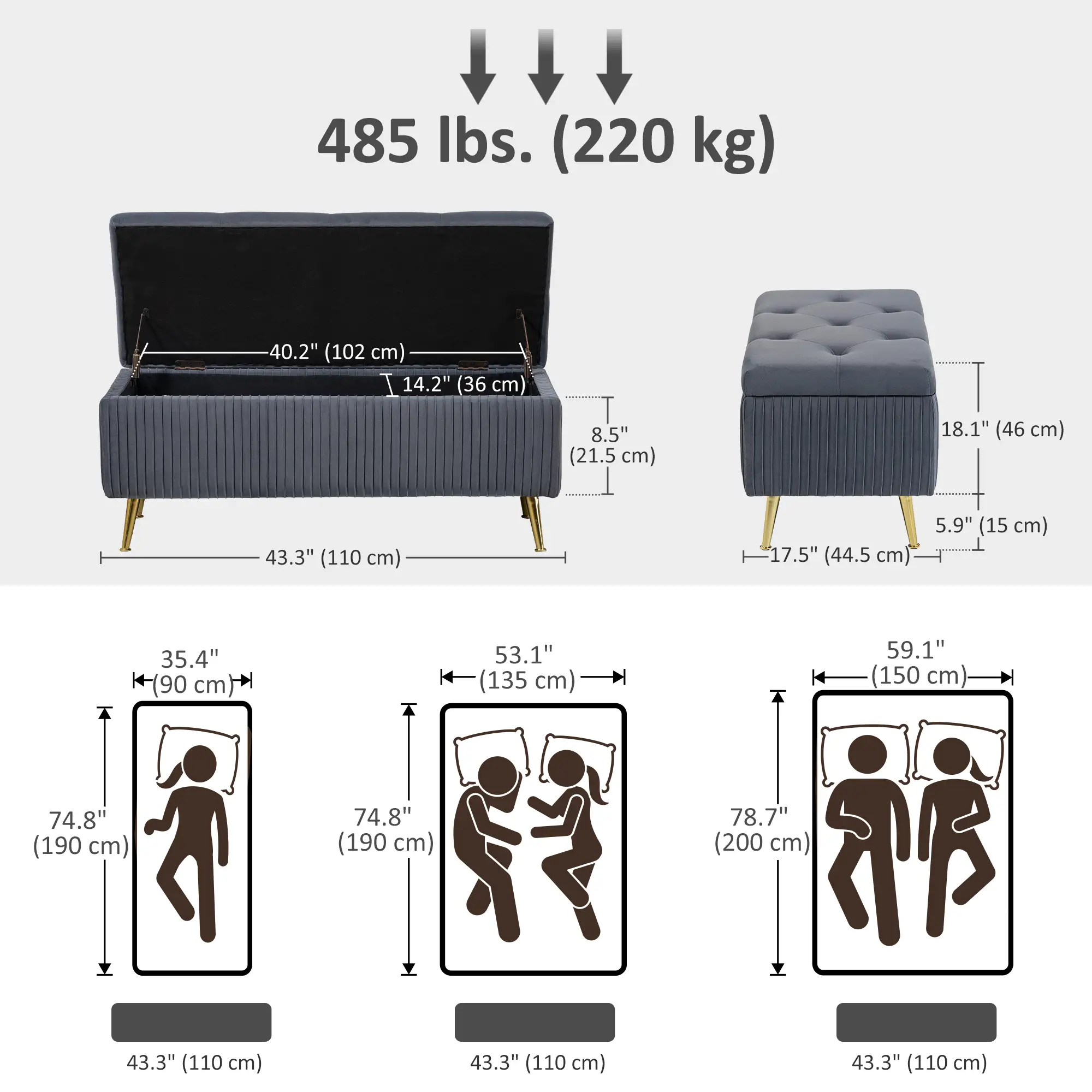 43 Inch Storage Ottoman Bench, Steel Legs, Padded Seat, Dark Grey - Image 3