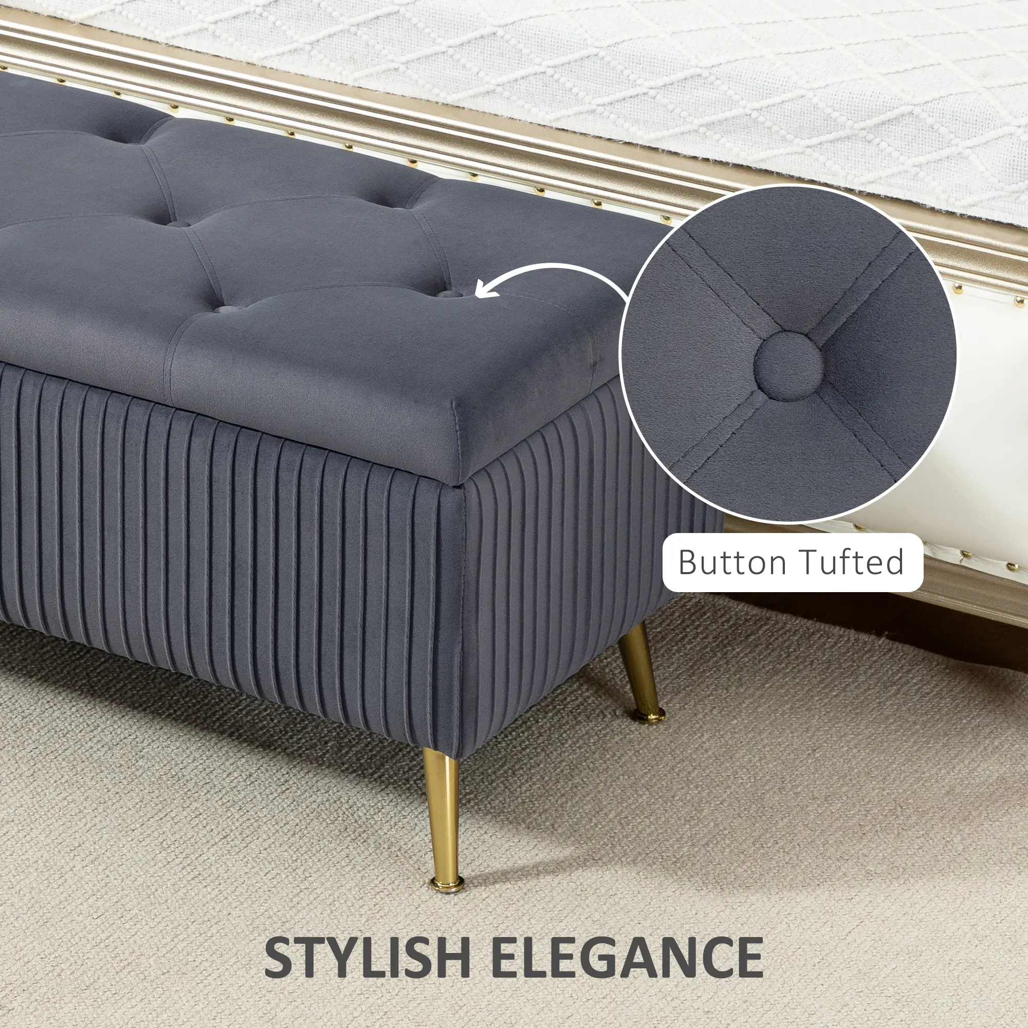 43 Inch Storage Ottoman Bench, Steel Legs, Padded Seat, Dark Grey - Image 4
