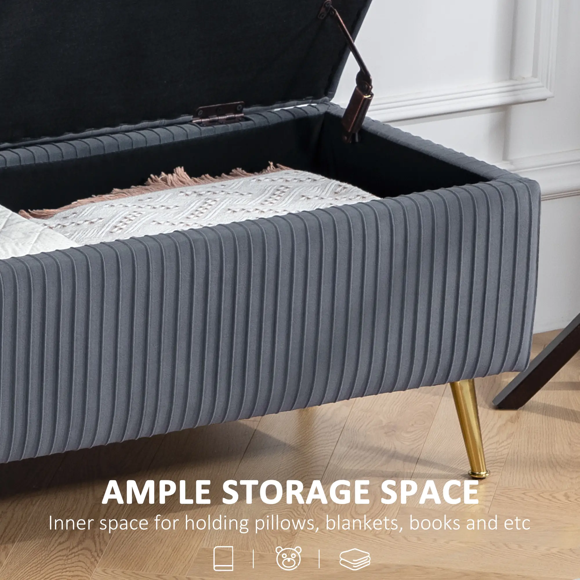 43 Inch Storage Ottoman Bench, Steel Legs, Padded Seat, Dark Grey - Image 5