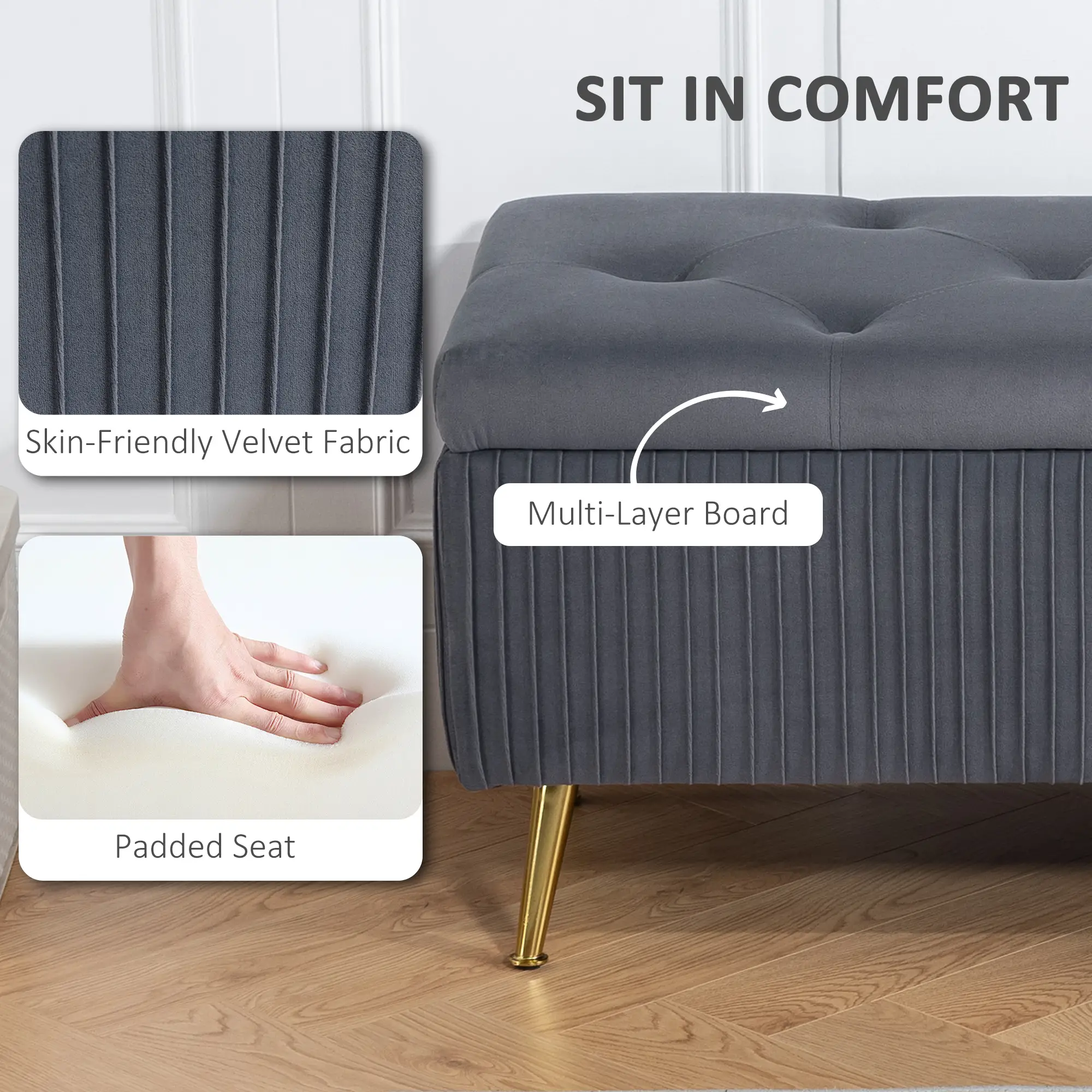 43 Inch Storage Ottoman Bench, Steel Legs, Padded Seat, Dark Grey - Image 6