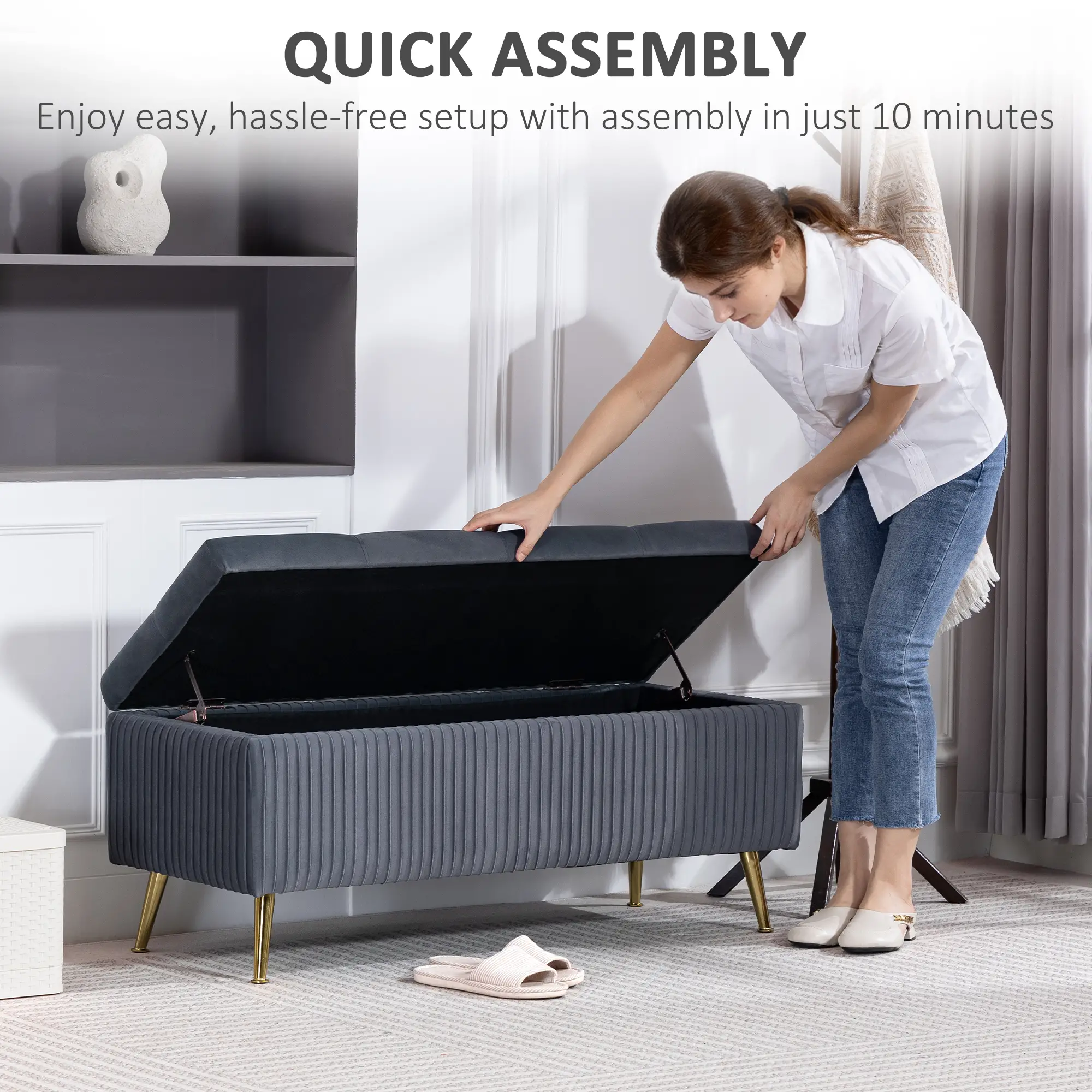 43 Inch Storage Ottoman Bench, Steel Legs, Padded Seat, Dark Grey - Image 7