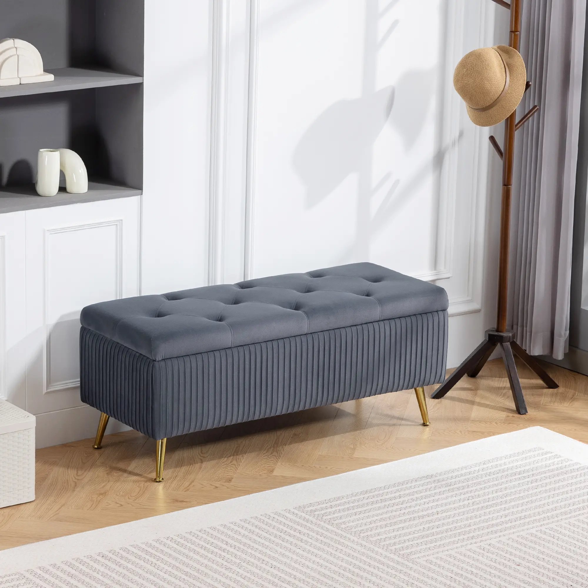 43 Inch Storage Ottoman Bench, Steel Legs, Padded Seat, Dark Grey - Image 8
