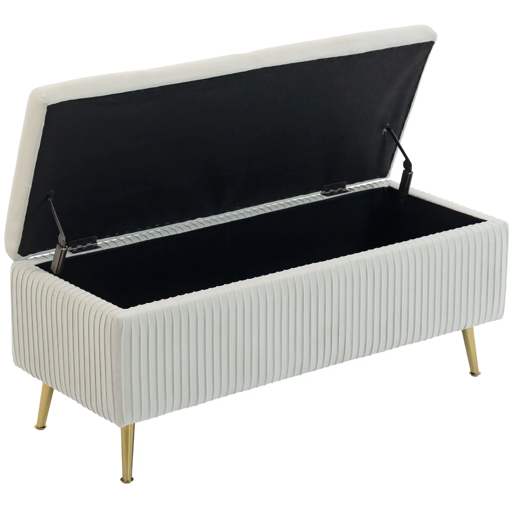 43 Inch Storage Ottoman Bench, Steel Legs, Padded Seat, Beige