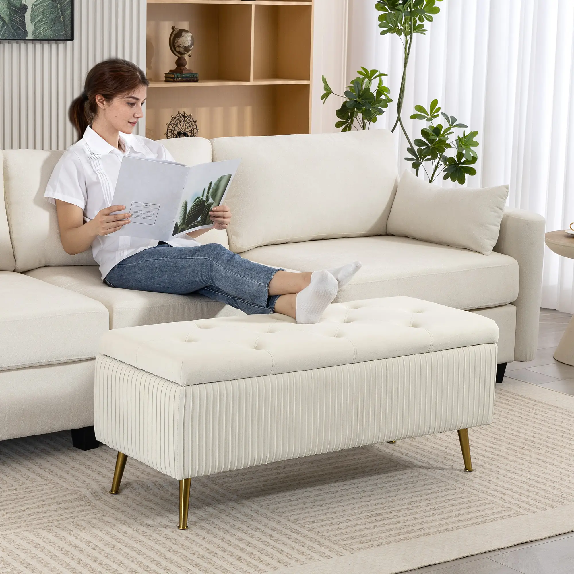 43 Inch Storage Ottoman Bench, Steel Legs, Padded Seat, Beige - Image 10
