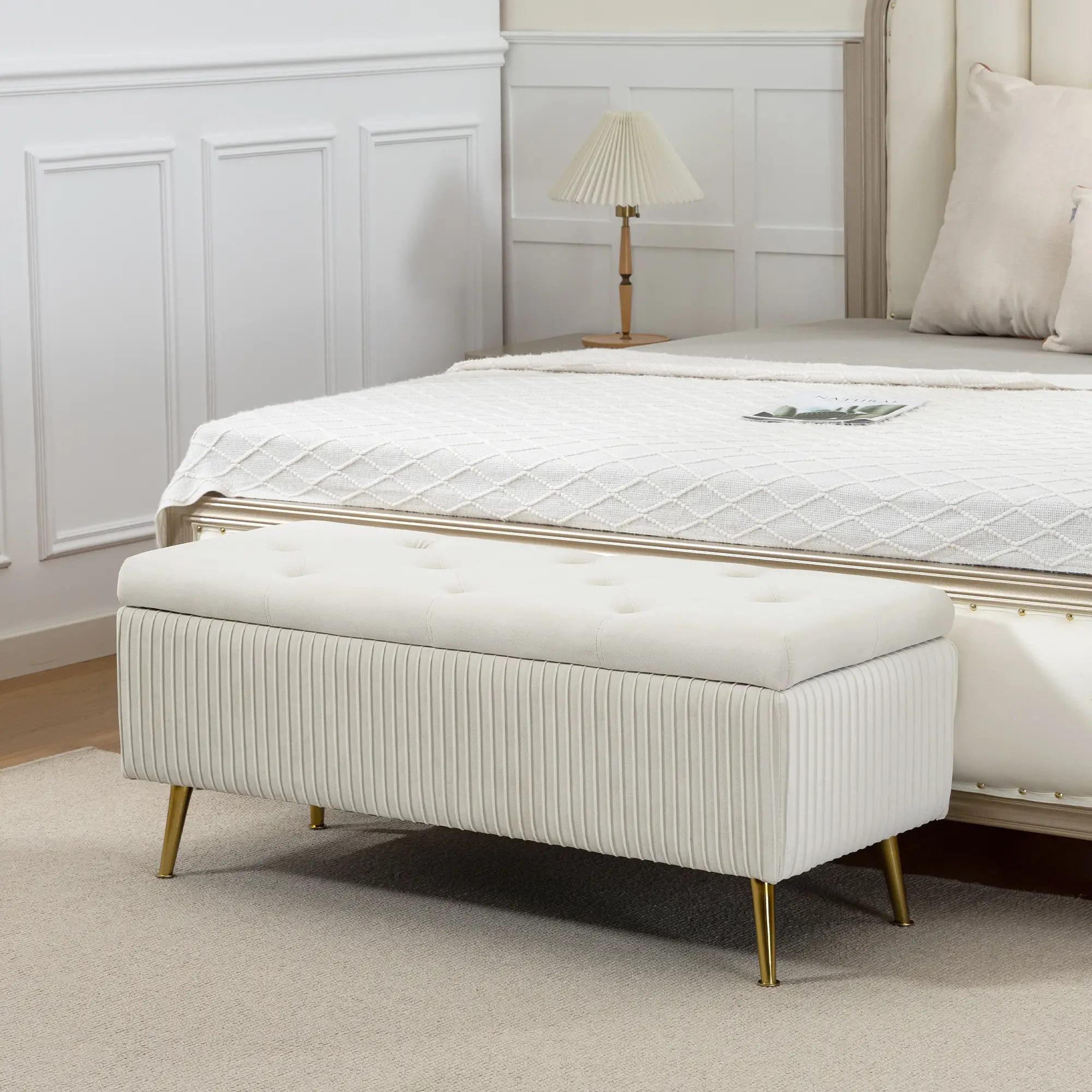 43 Inch Storage Ottoman Bench, Steel Legs, Padded Seat, Beige - Image 2