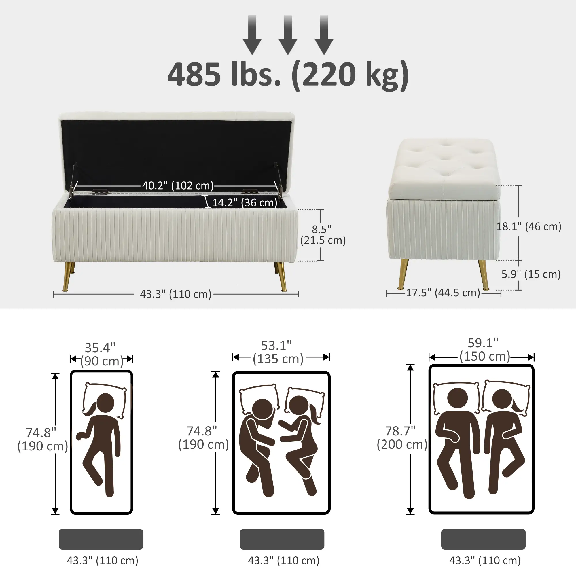 43 Inch Storage Ottoman Bench, Steel Legs, Padded Seat, Beige - Image 3