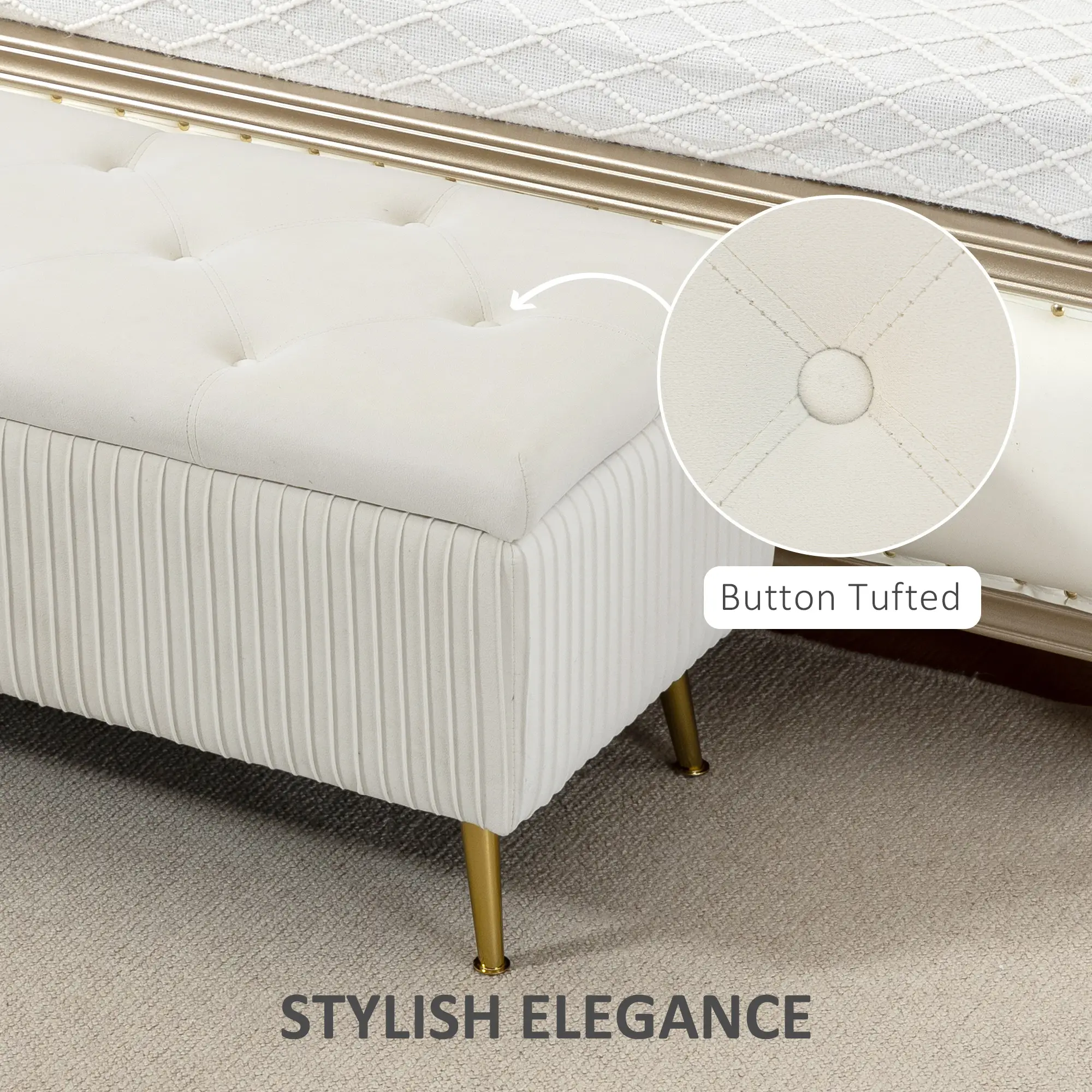 43 Inch Storage Ottoman Bench, Steel Legs, Padded Seat, Beige - Image 4