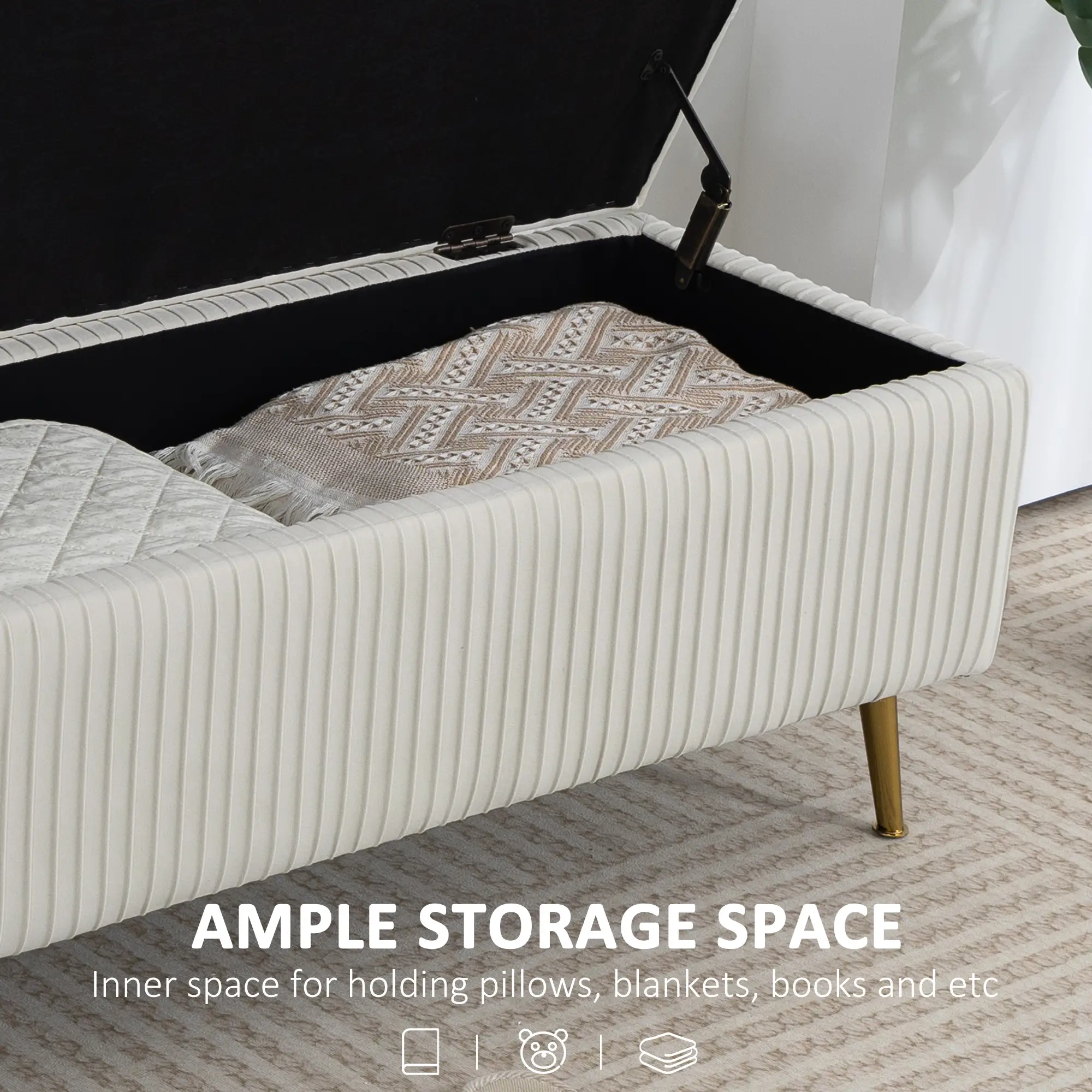 43 Inch Storage Ottoman Bench, Steel Legs, Padded Seat, Beige - Image 5
