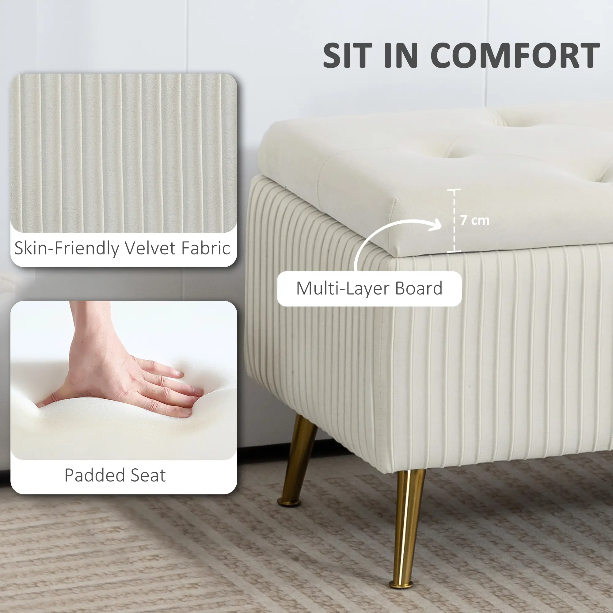 43 Inch Storage Ottoman Bench, Steel Legs, Padded Seat, Beige - Image 6