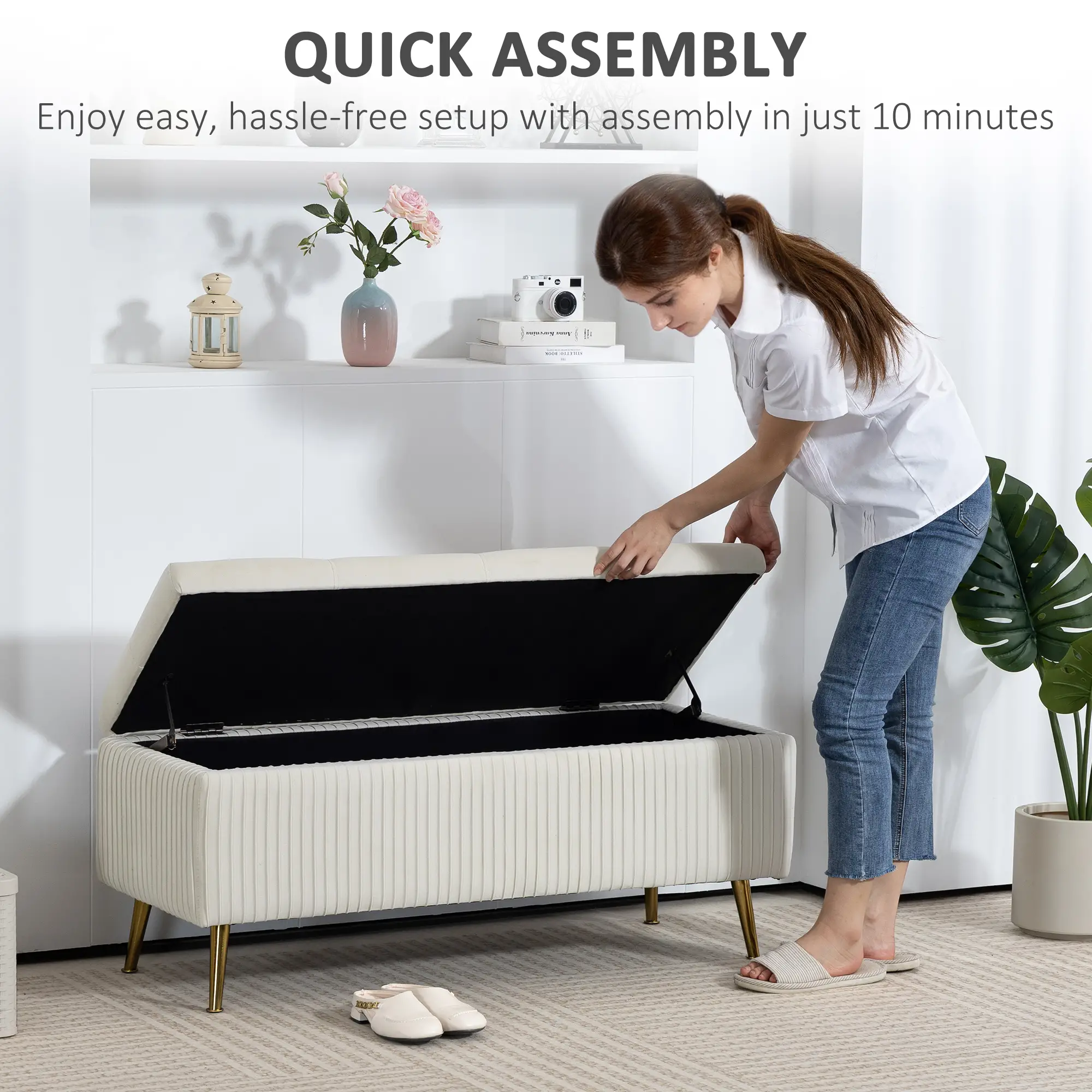 43 Inch Storage Ottoman Bench, Steel Legs, Padded Seat, Beige - Image 7