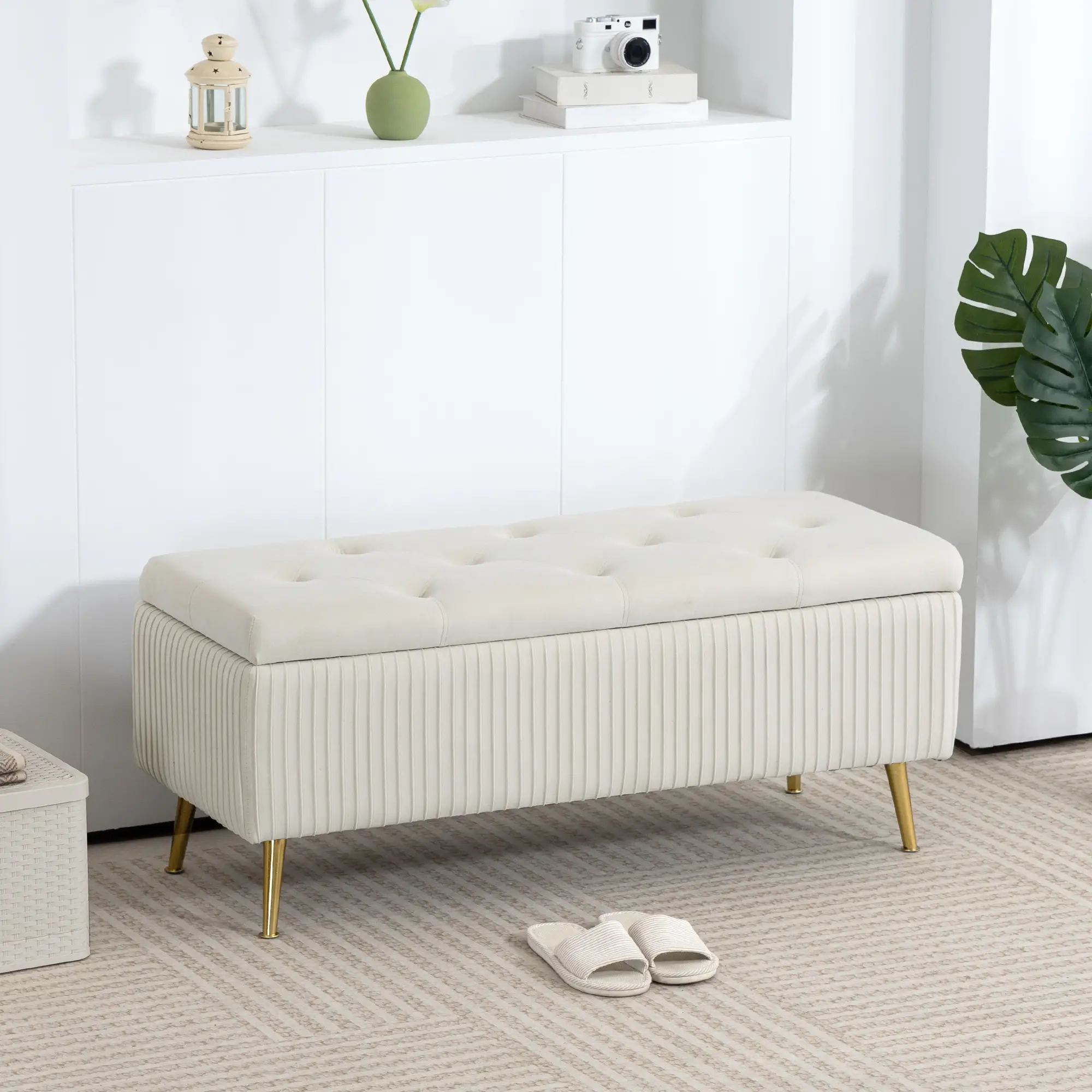 43 Inch Storage Ottoman Bench, Steel Legs, Padded Seat, Beige - Image 8