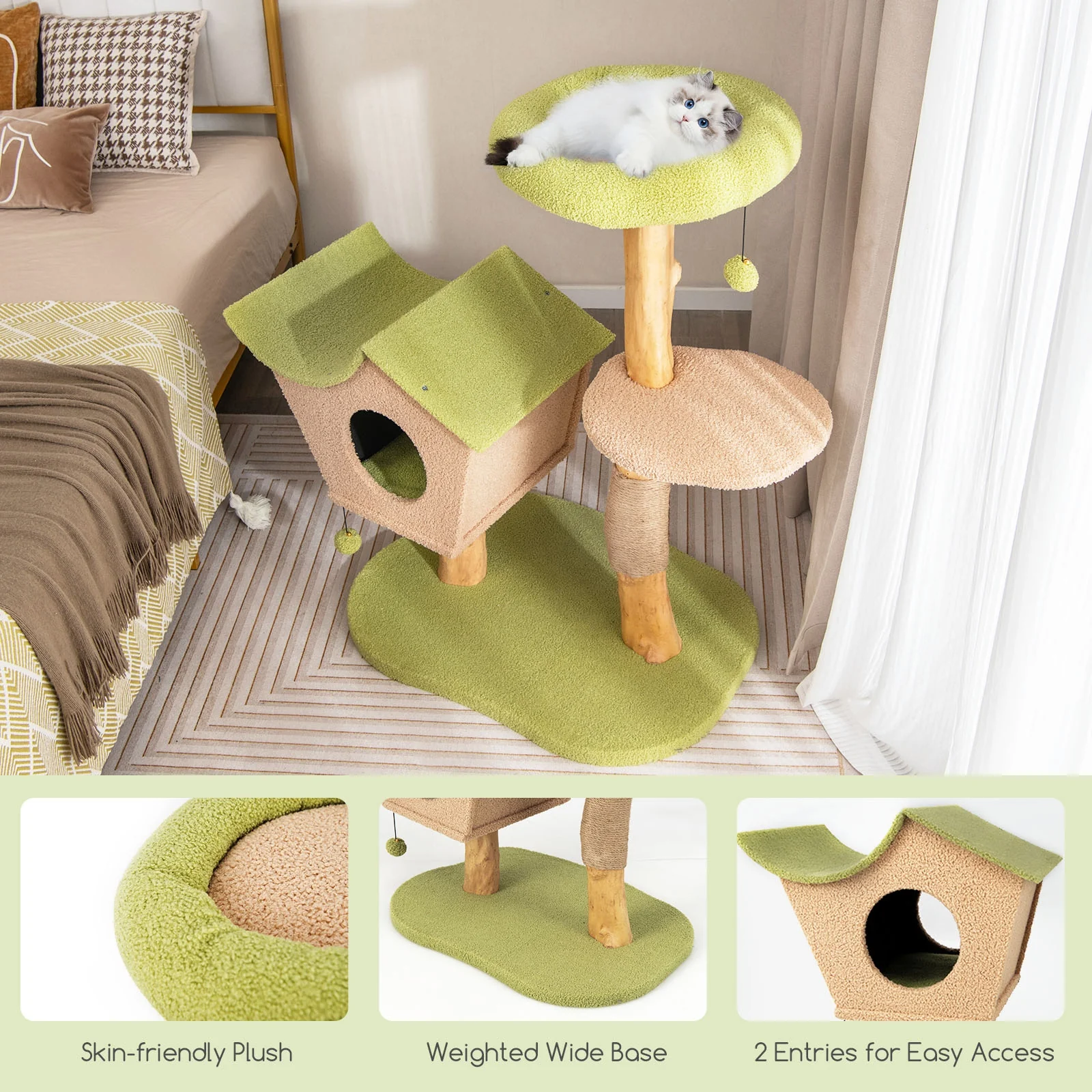 43 Inch Wooden Cat Tree, Padded Top Perch, Green - Image 10