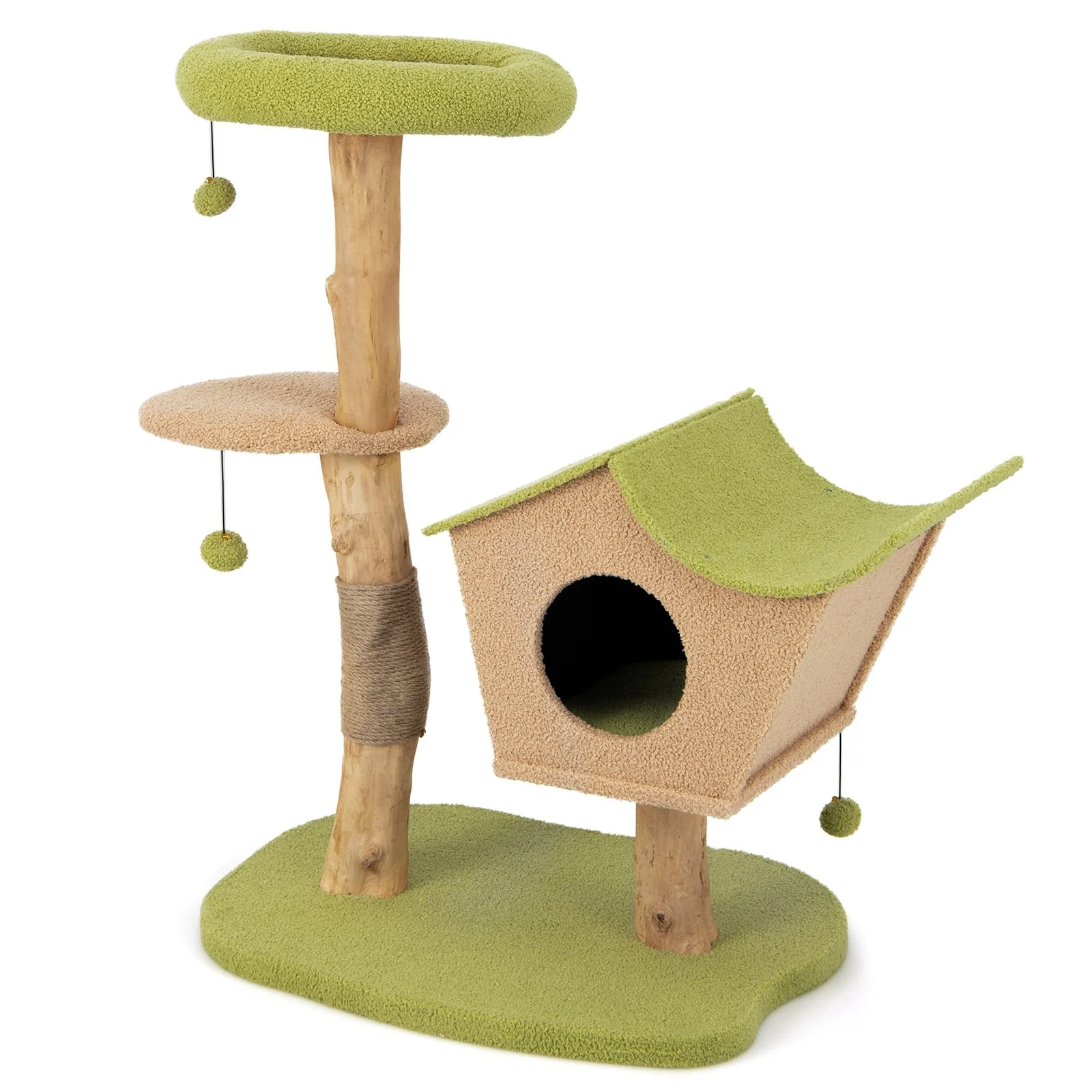 43 Inch Wooden Cat Tree, Padded Top Perch, Green - Image 4