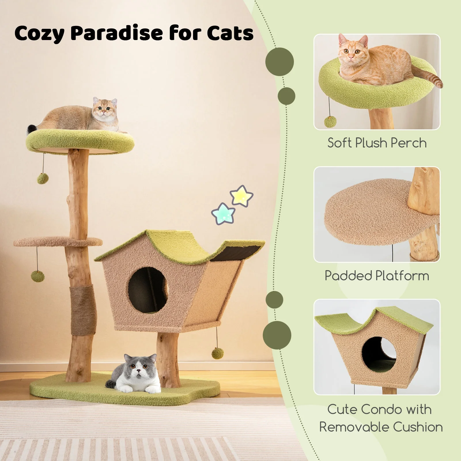 43 Inch Wooden Cat Tree, Padded Top Perch, Green - Image 8