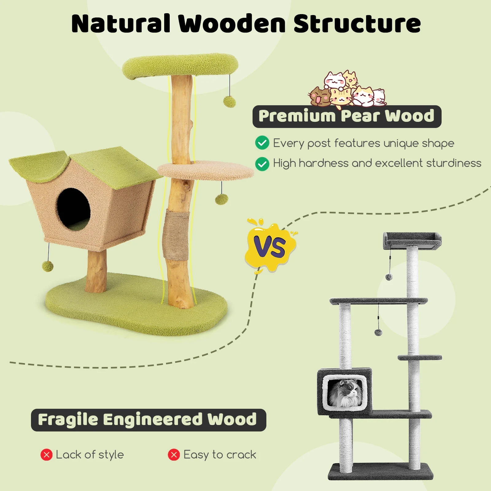 43 Inch Wooden Cat Tree, Padded Top Perch, Green - Image 9