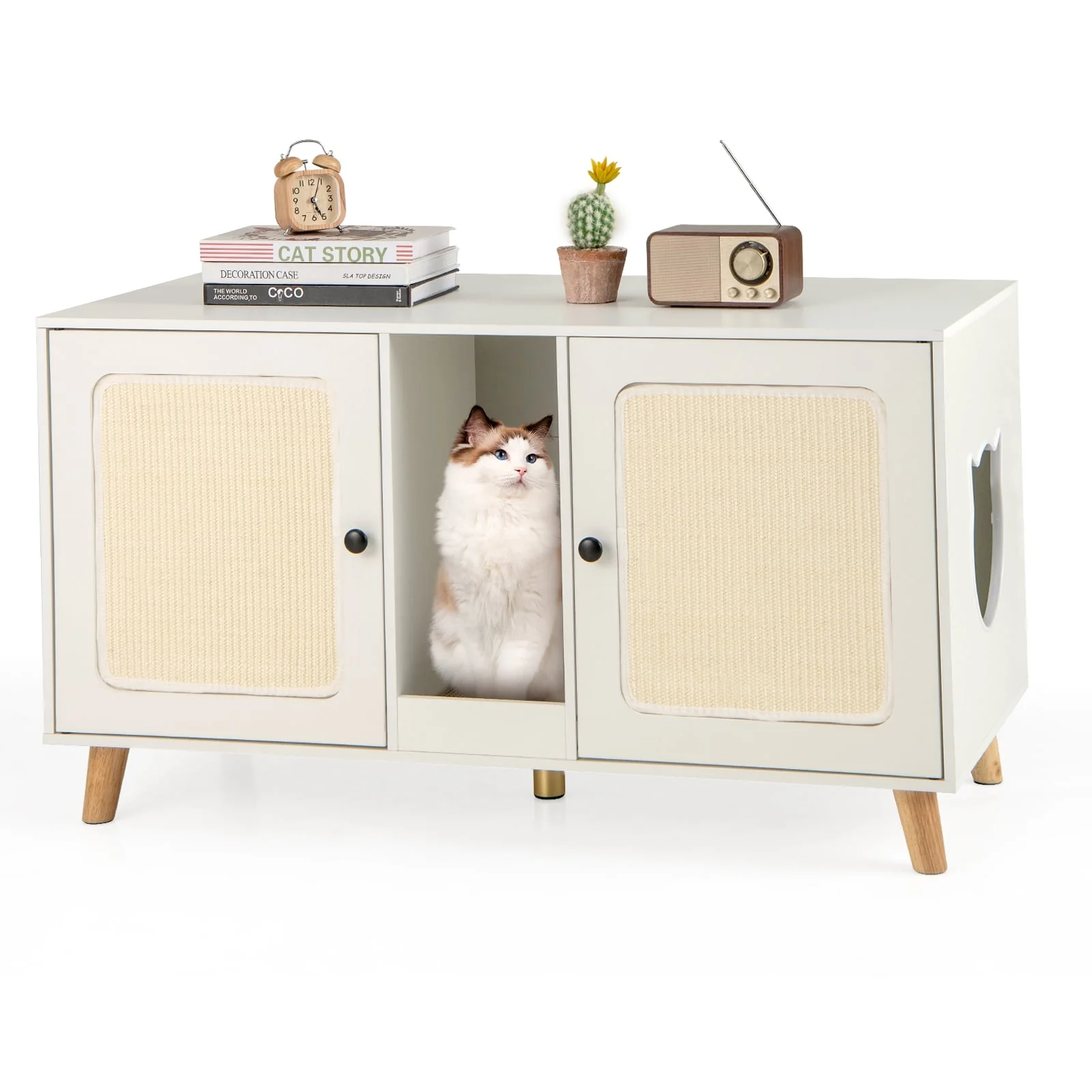 43 Inches Cat Litter Box Enclosure with Double Rooms and 2 Sisal Scratching Mats, White