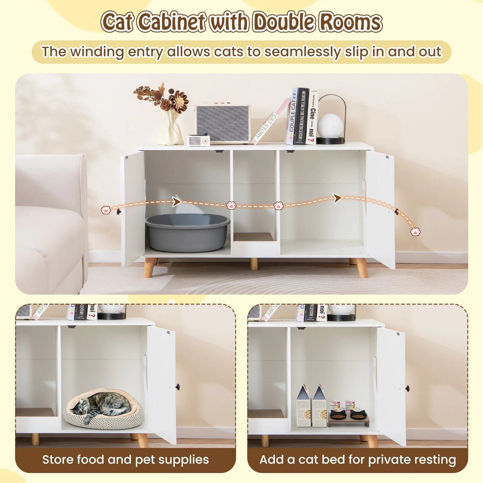 43 Inches Cat Litter Box Enclosure with Double Rooms and 2 Sisal Scratching Mats, White - Image 10