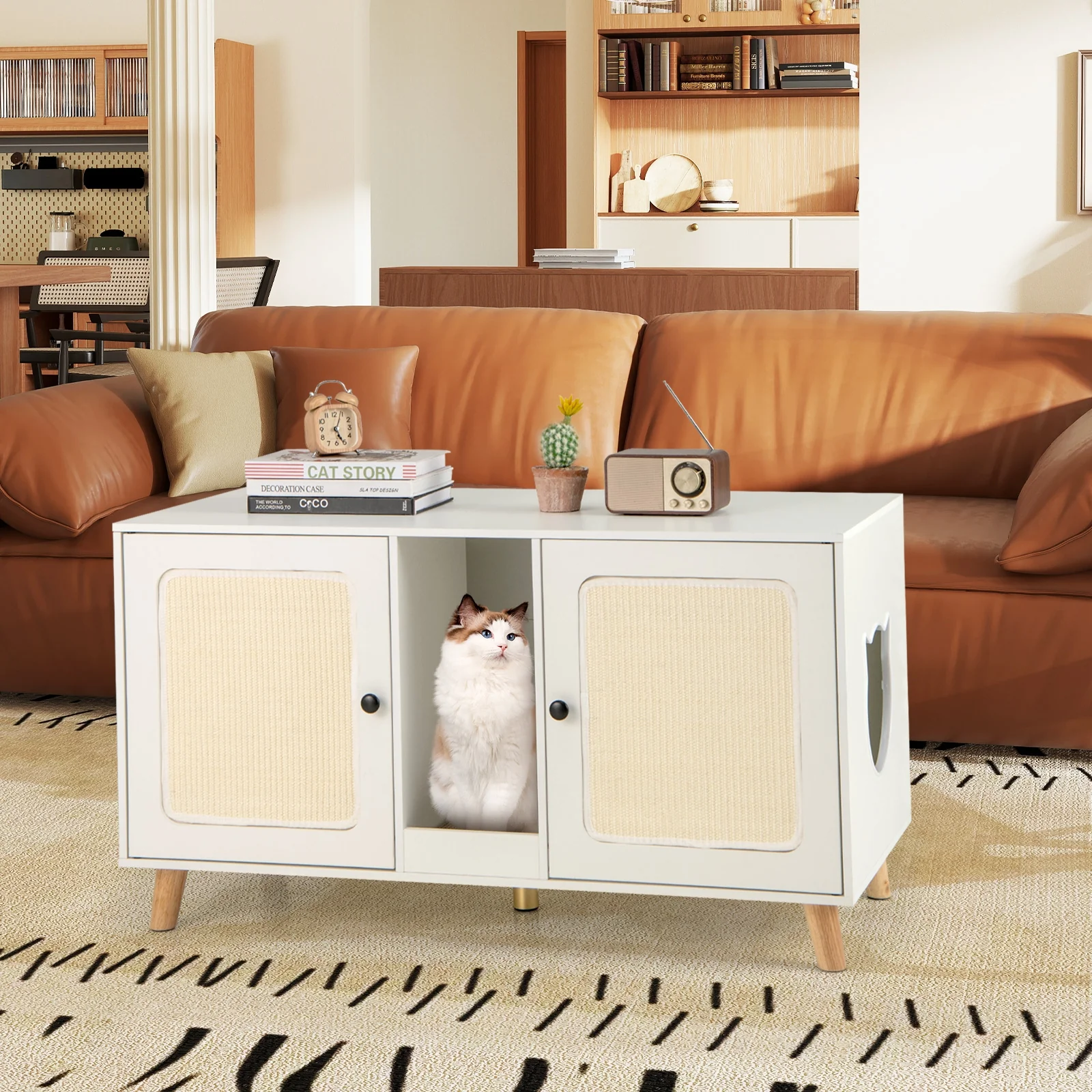 43 Inches Cat Litter Box Enclosure with Double Rooms and 2 Sisal Scratching Mats, White - Image 2