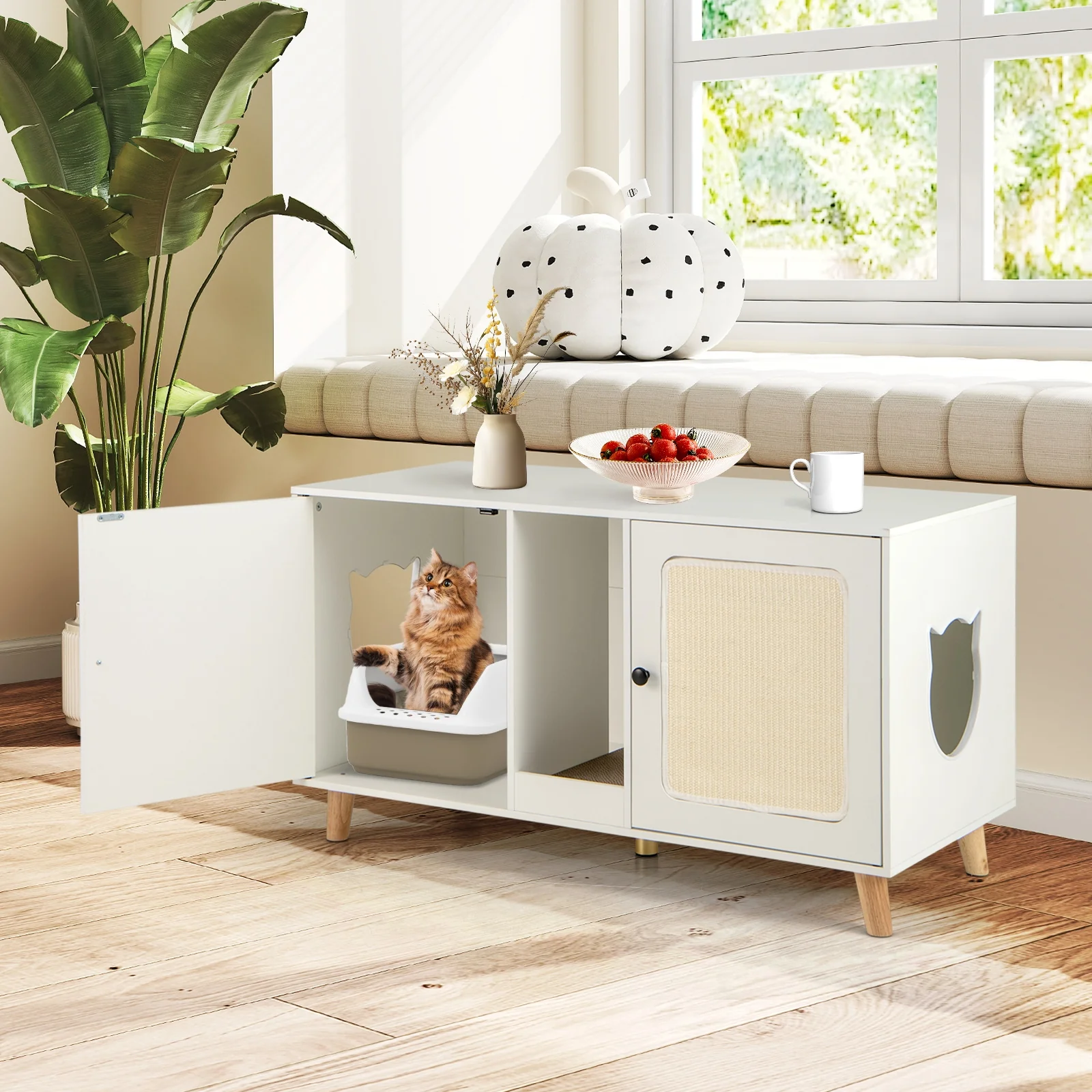 43 Inches Cat Litter Box Enclosure with Double Rooms and 2 Sisal Scratching Mats, White - Image 3