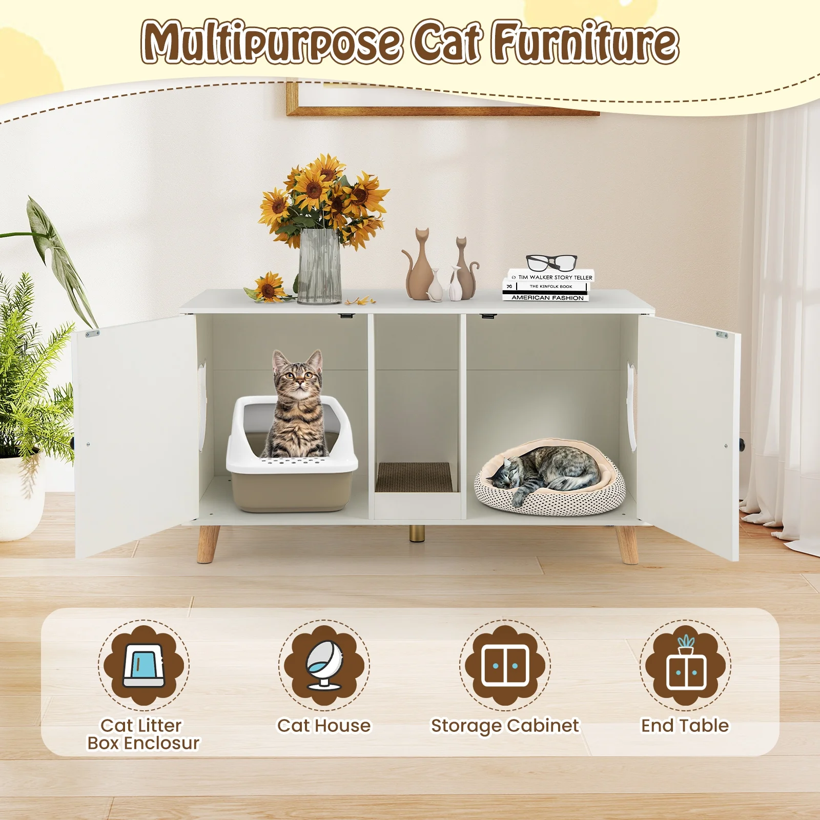 43 Inches Cat Litter Box Enclosure with Double Rooms and 2 Sisal Scratching Mats, White - Image 7