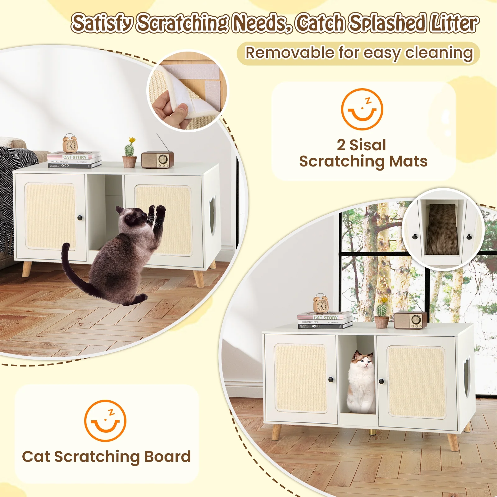43 Inches Cat Litter Box Enclosure with Double Rooms and 2 Sisal Scratching Mats, White - Image 9