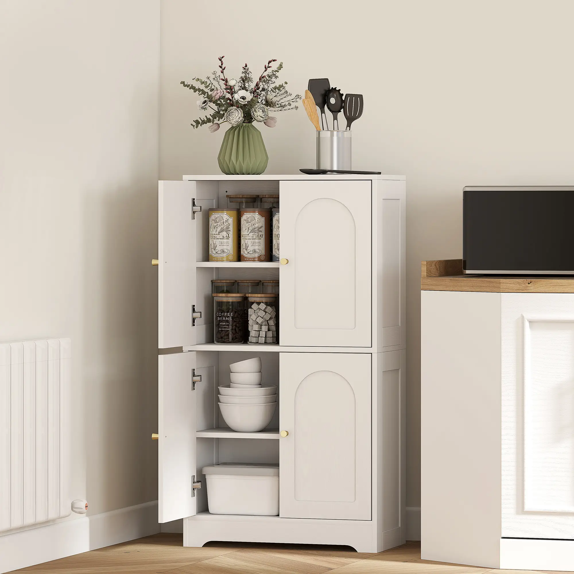 43" Kitchen Pantry Cabinet, Freestanding, 4 Arched Doors, 2 Adjustable Shelves, White - Image 2