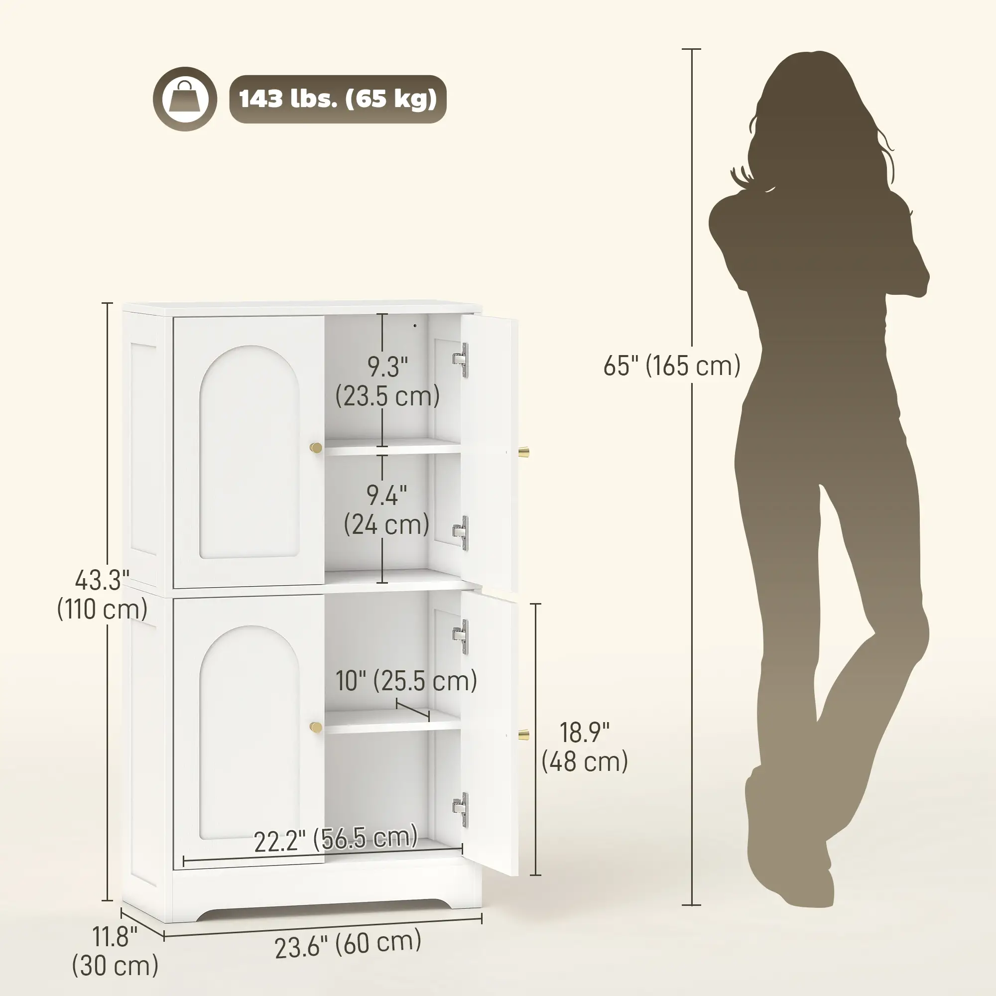 43" Kitchen Pantry Cabinet, Freestanding, 4 Arched Doors, 2 Adjustable Shelves, White - Image 3