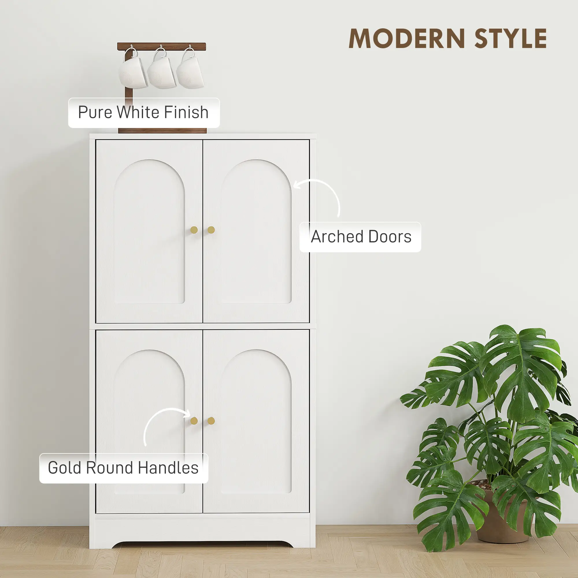 43" Kitchen Pantry Cabinet, Freestanding, 4 Arched Doors, 2 Adjustable Shelves, White - Image 4