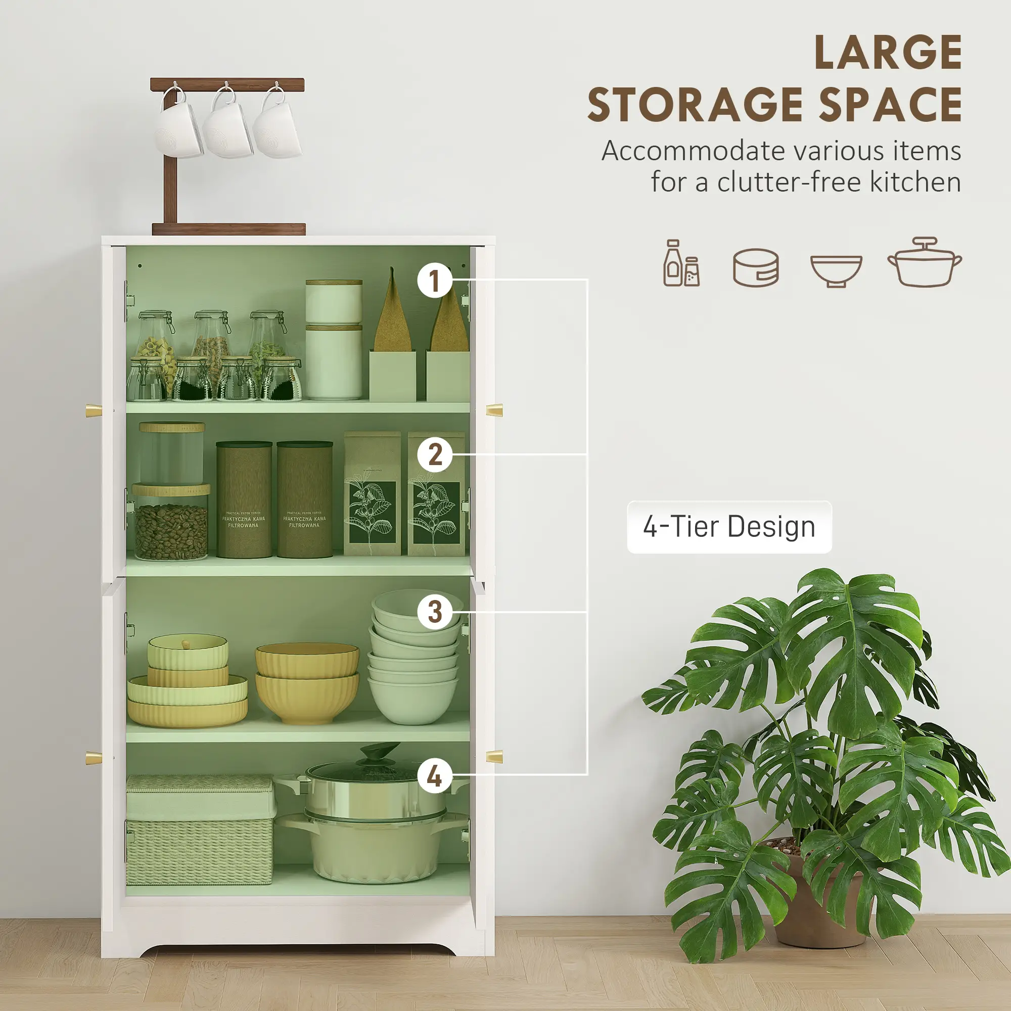 43" Kitchen Pantry Cabinet, Freestanding, 4 Arched Doors, 2 Adjustable Shelves, White - Image 5