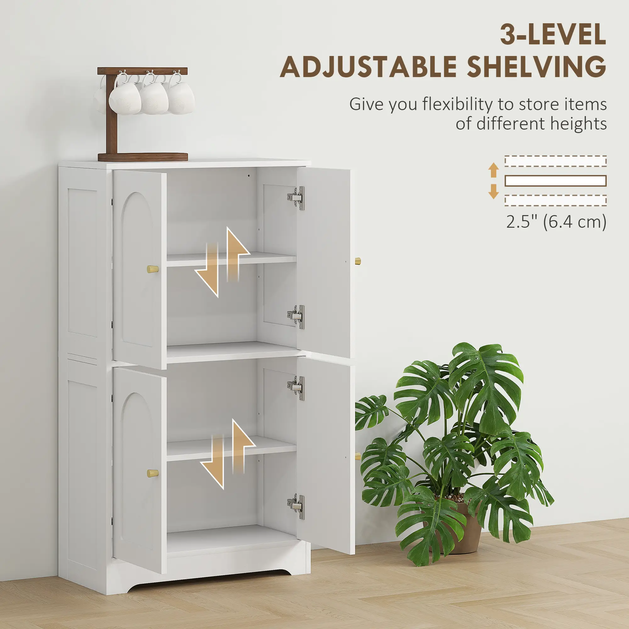 43" Kitchen Pantry Cabinet, Freestanding, 4 Arched Doors, 2 Adjustable Shelves, White - Image 6
