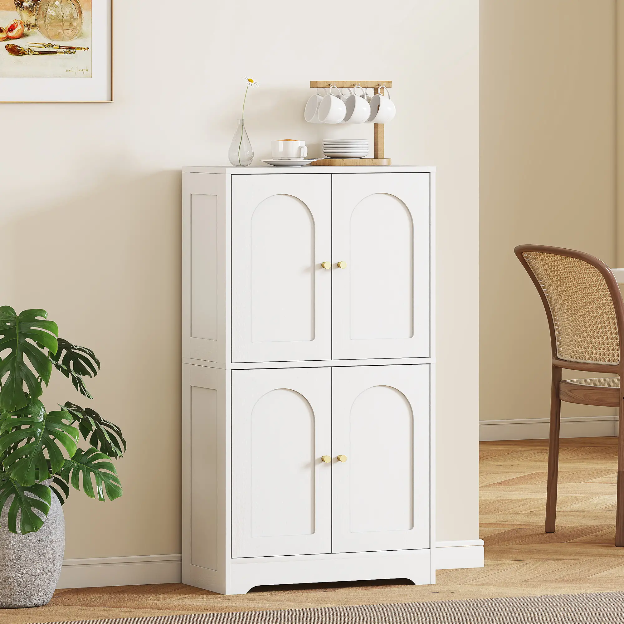 43" Kitchen Pantry Cabinet, Freestanding, 4 Arched Doors, 2 Adjustable Shelves, White - Image 8