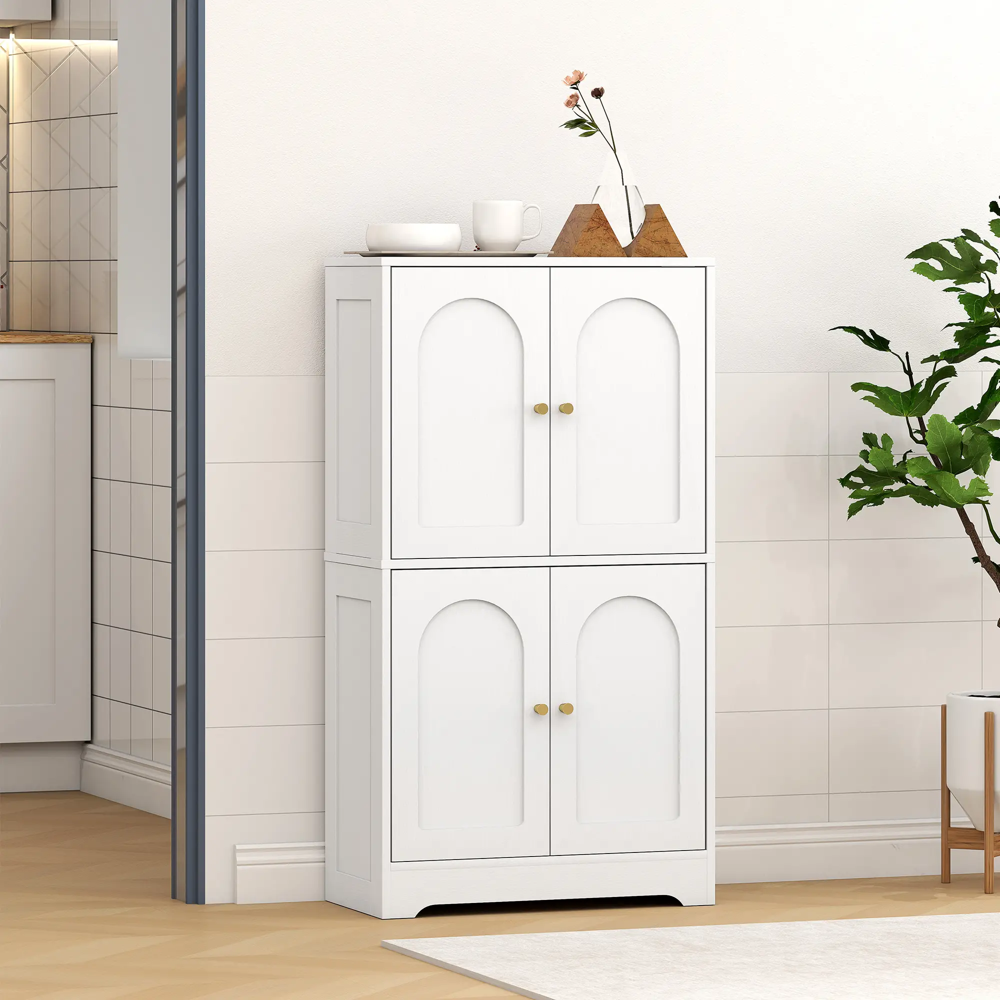 43" Kitchen Pantry Cabinet, Freestanding, 4 Arched Doors, 2 Adjustable Shelves, White - Image 9