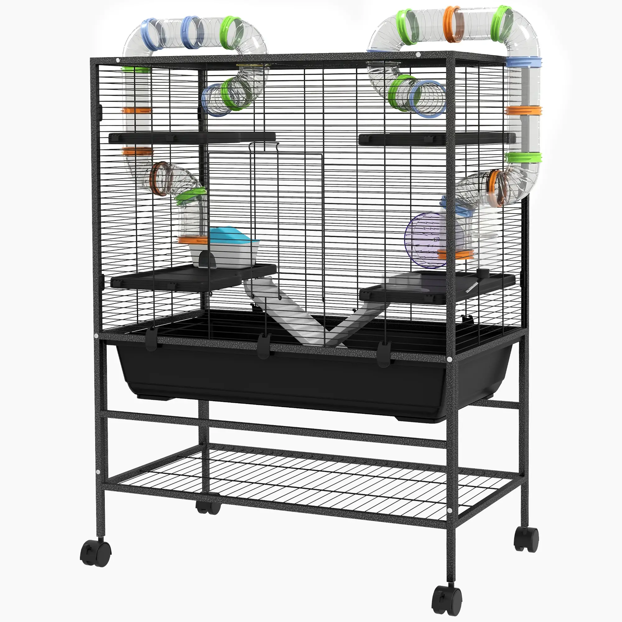 43" Rolling Hamster Cage, Tunnel Tube System, Storage Shelf, Exercise Wheel