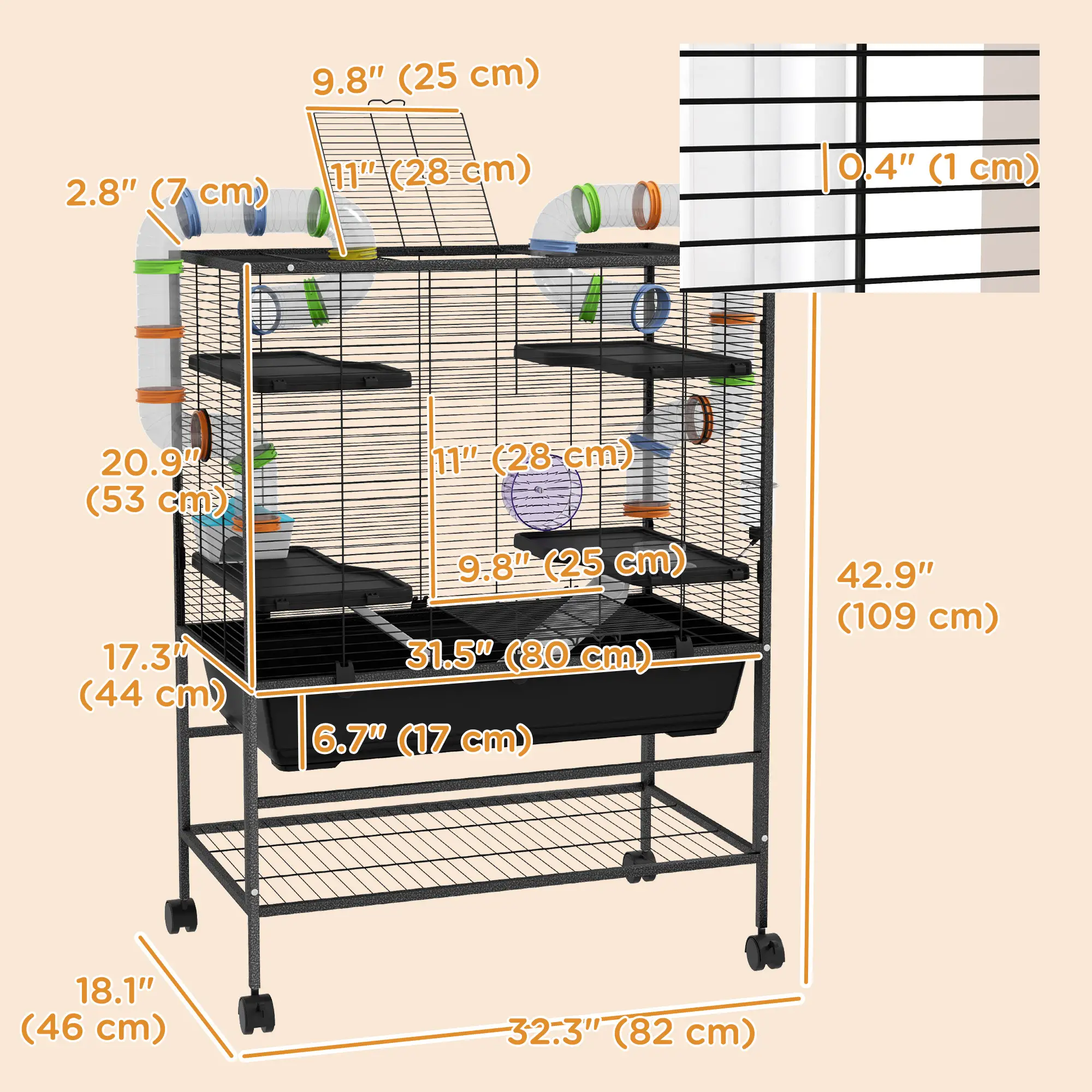 43" Rolling Hamster Cage, Tunnel Tube System, Storage Shelf, Exercise Wheel - Image 3