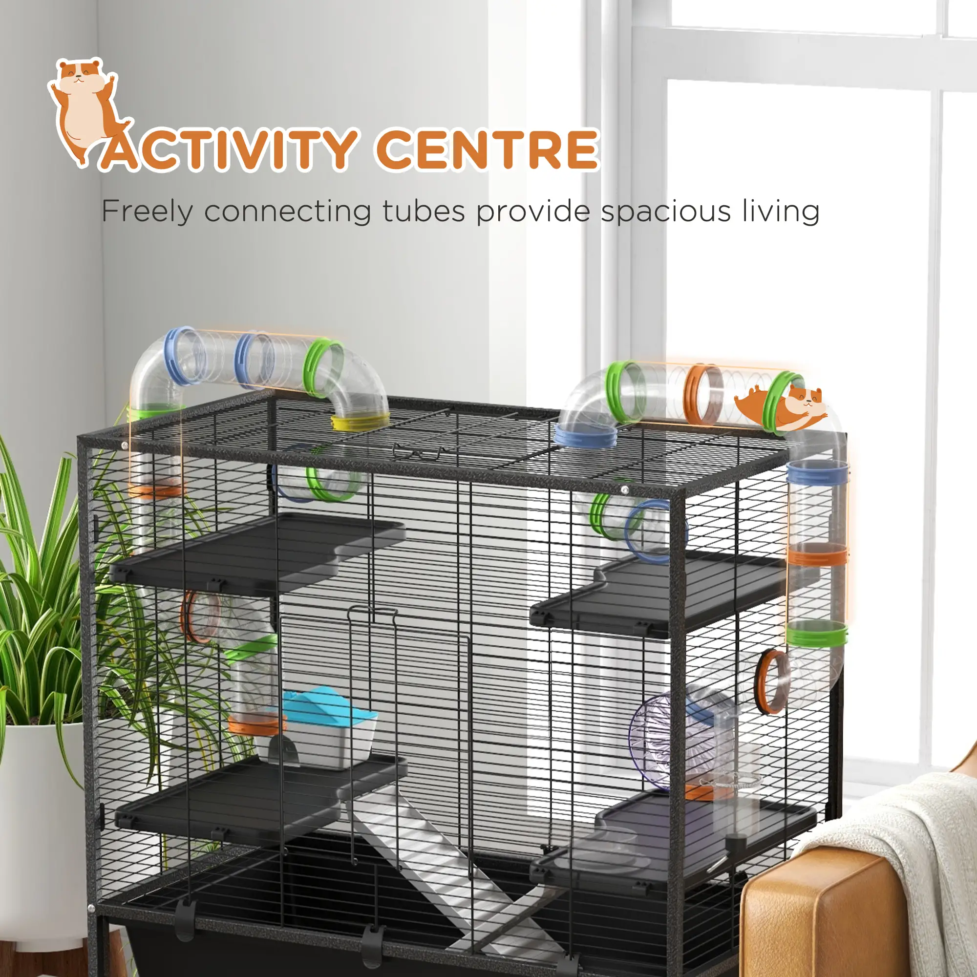 43" Rolling Hamster Cage, Tunnel Tube System, Storage Shelf, Exercise Wheel - Image 4