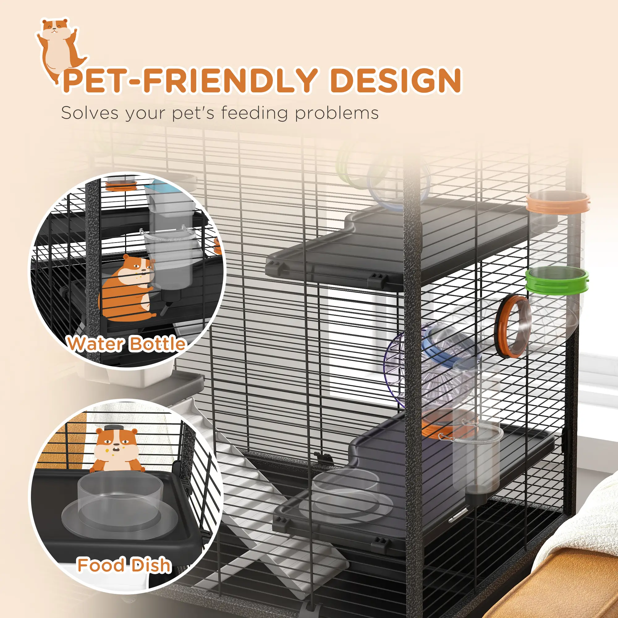 43" Rolling Hamster Cage, Tunnel Tube System, Storage Shelf, Exercise Wheel - Image 7