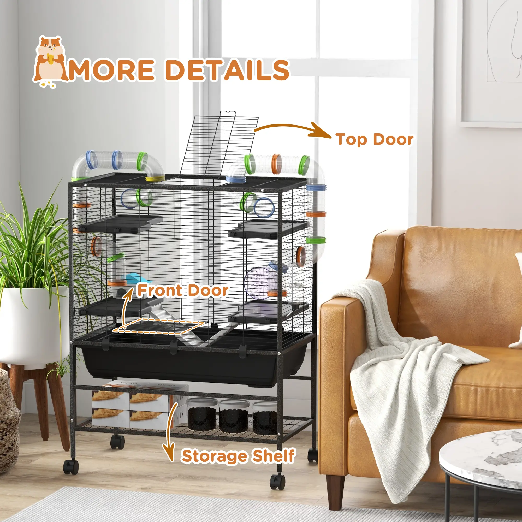 43" Rolling Hamster Cage, Tunnel Tube System, Storage Shelf, Exercise Wheel - Image 9