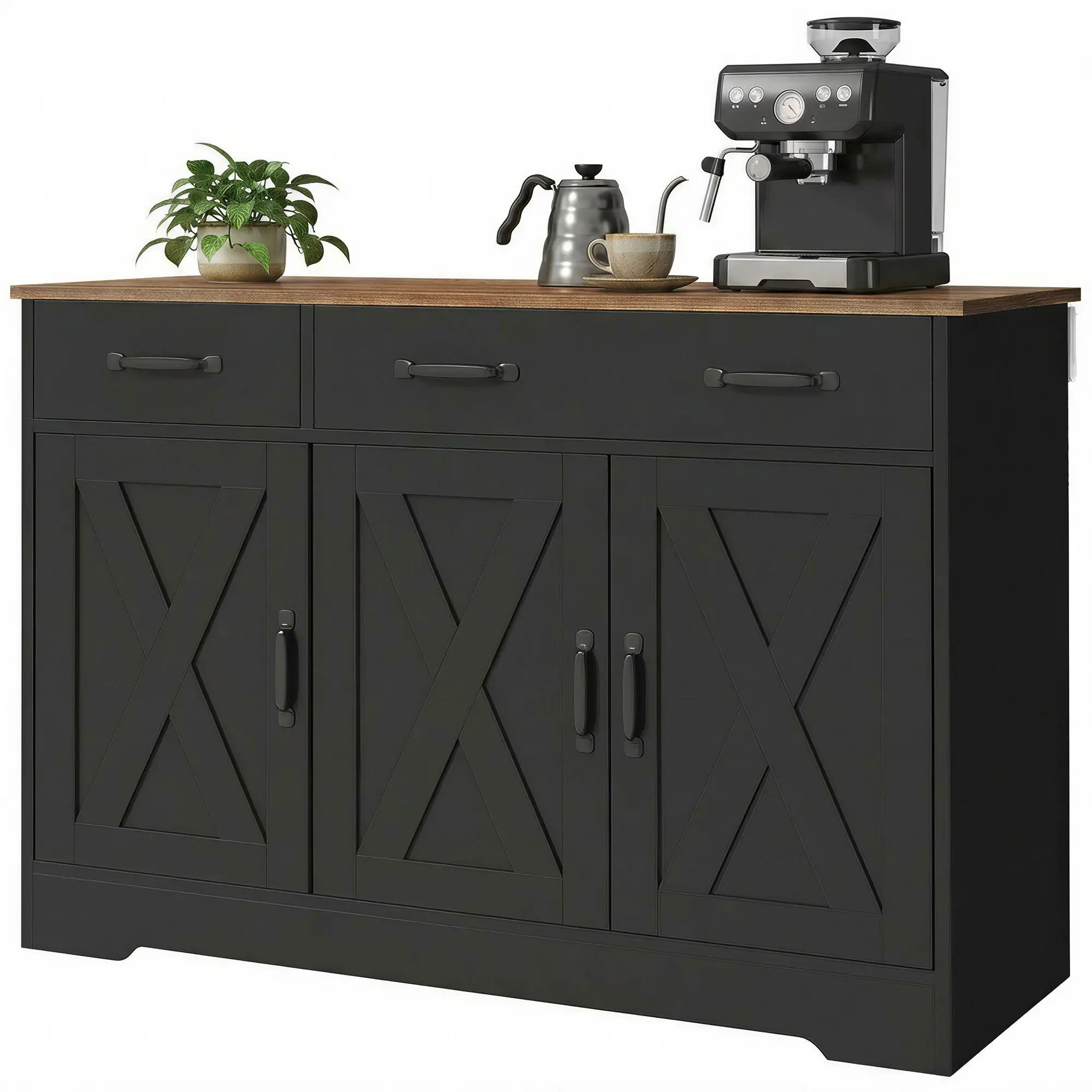43" Sideboard Buffet Cabinet, 3 Barn Doors, 2 Drawers, Black