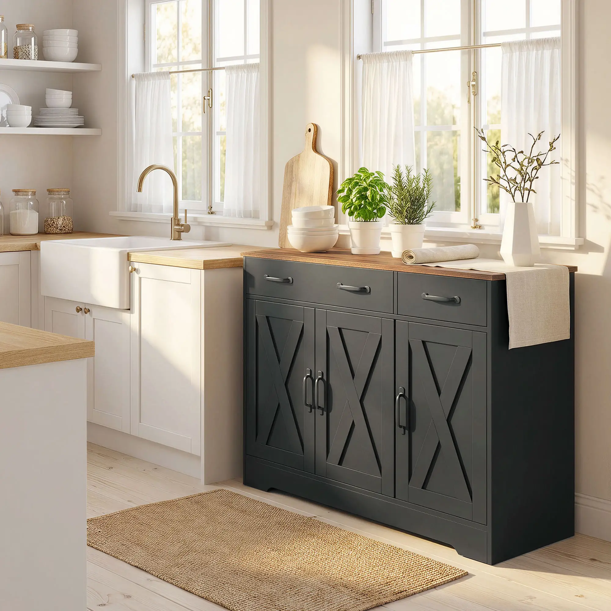 43" Sideboard Buffet Cabinet, 3 Barn Doors, 2 Drawers, Black - Image 10