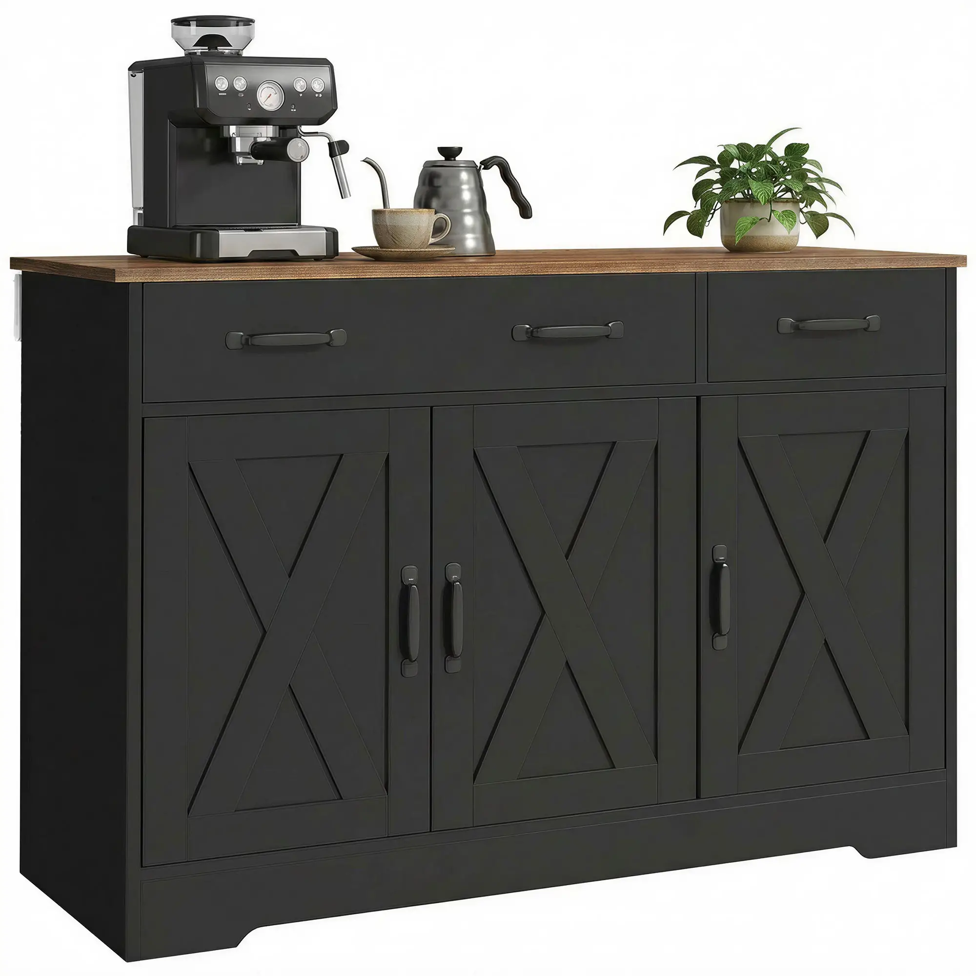 43" Sideboard Buffet Cabinet, 3 Barn Doors, 2 Drawers, Black - Image 11
