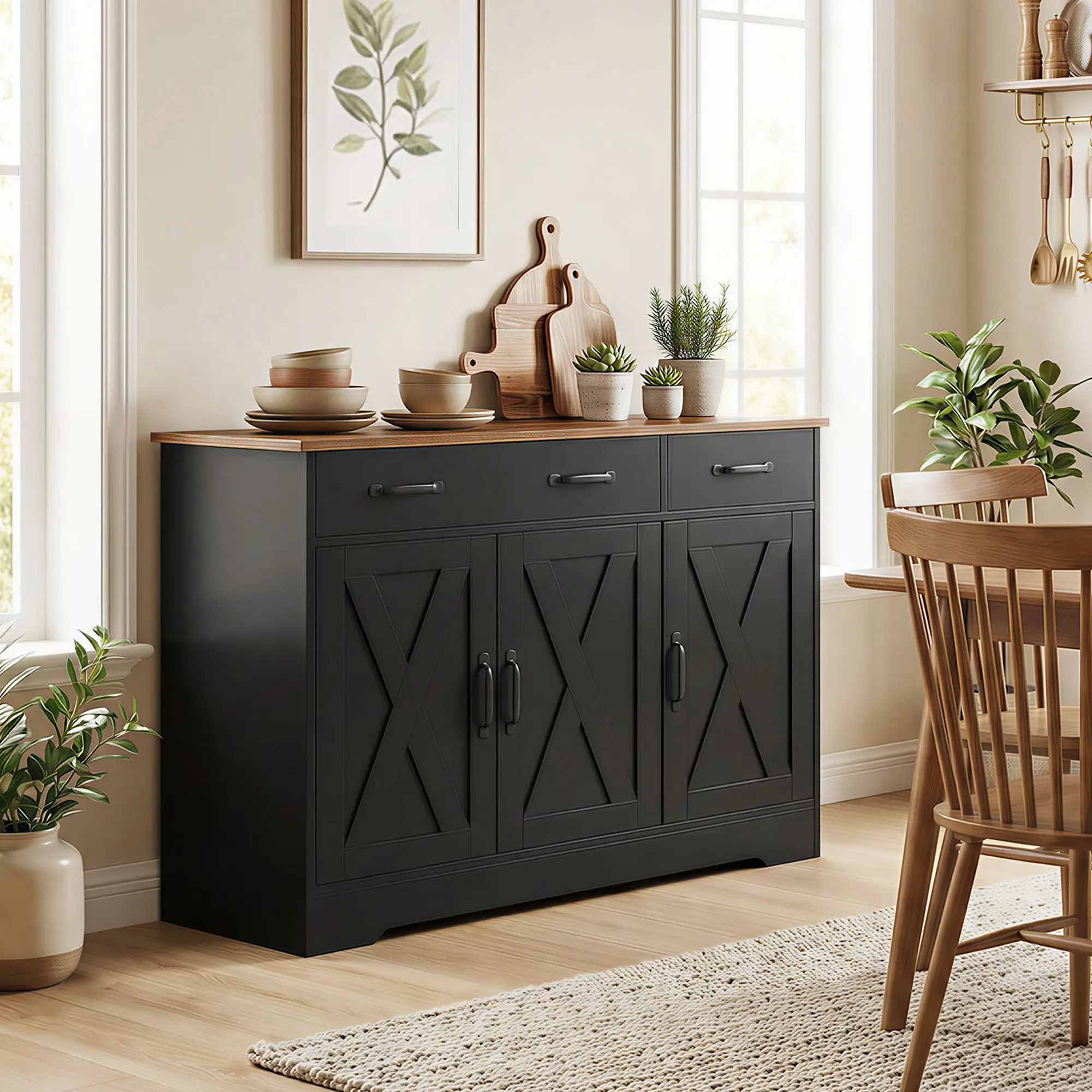 43" Sideboard Buffet Cabinet, 3 Barn Doors, 2 Drawers, Black - Image 2