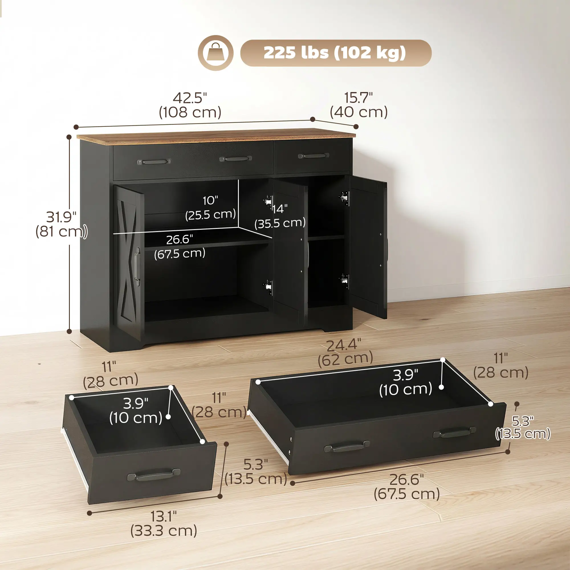 43" Sideboard Buffet Cabinet, 3 Barn Doors, 2 Drawers, Black - Image 3